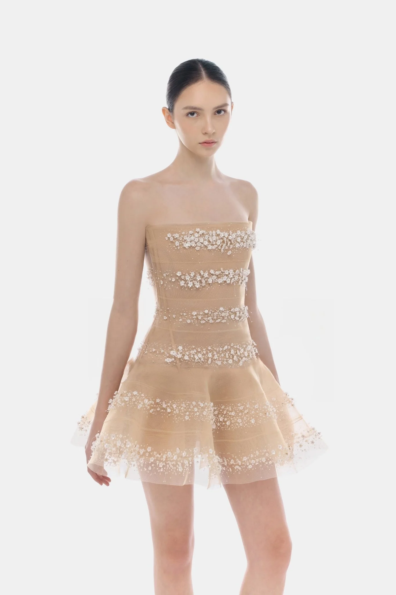Beige 3D Floral Skater Dress - Image 2