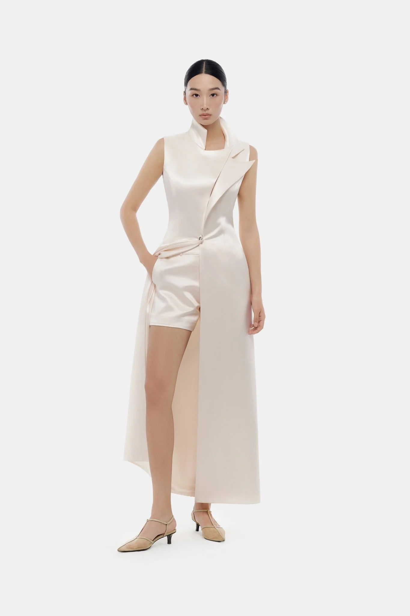 Beige Asymmetrical Silk Coat - Image 2