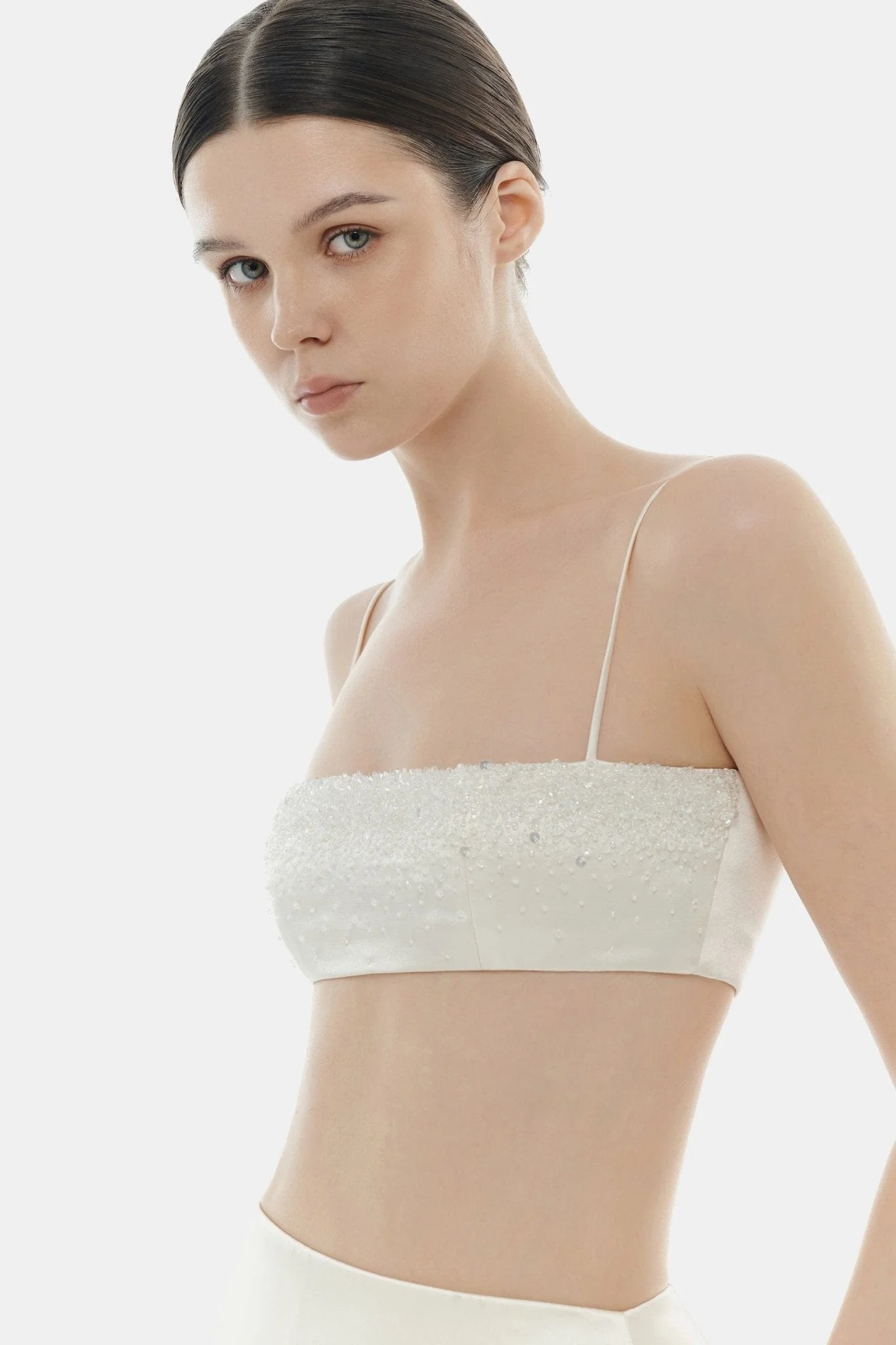 Beige Crystal Beaded Silk Bandeau - Image 5