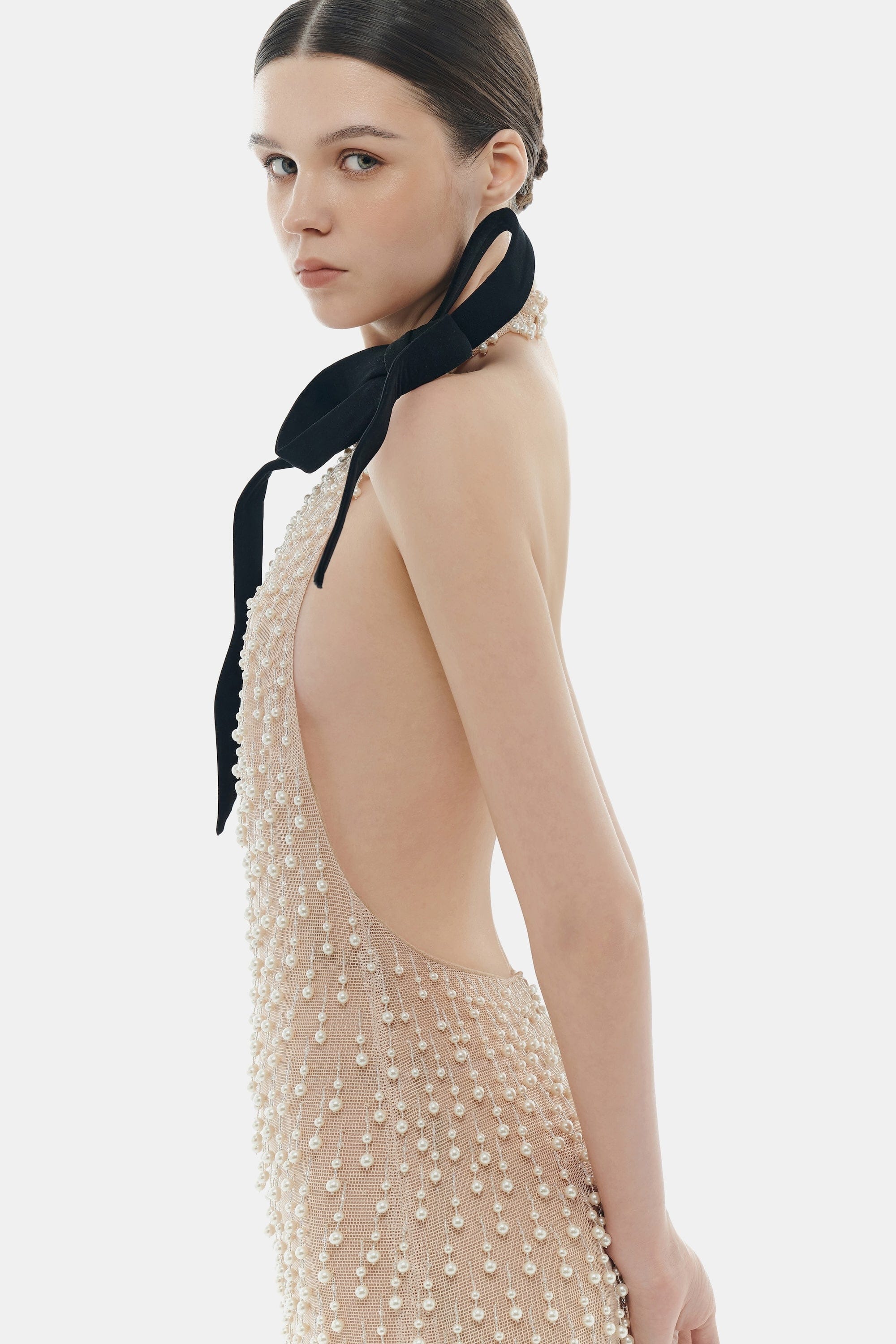 Beige Faux Pearl Dress - Image 5