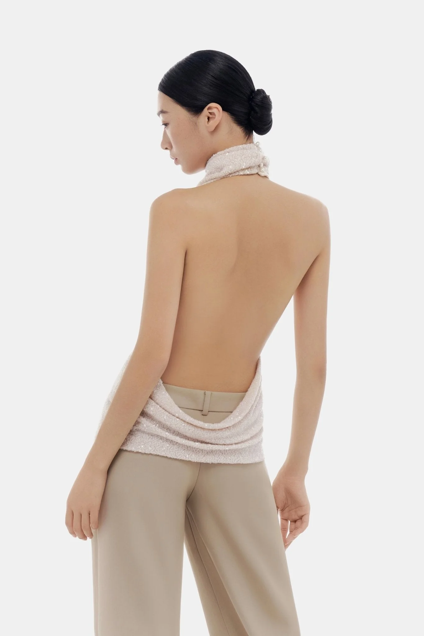 Beige Faux Pearl High-neck Top - Image 6