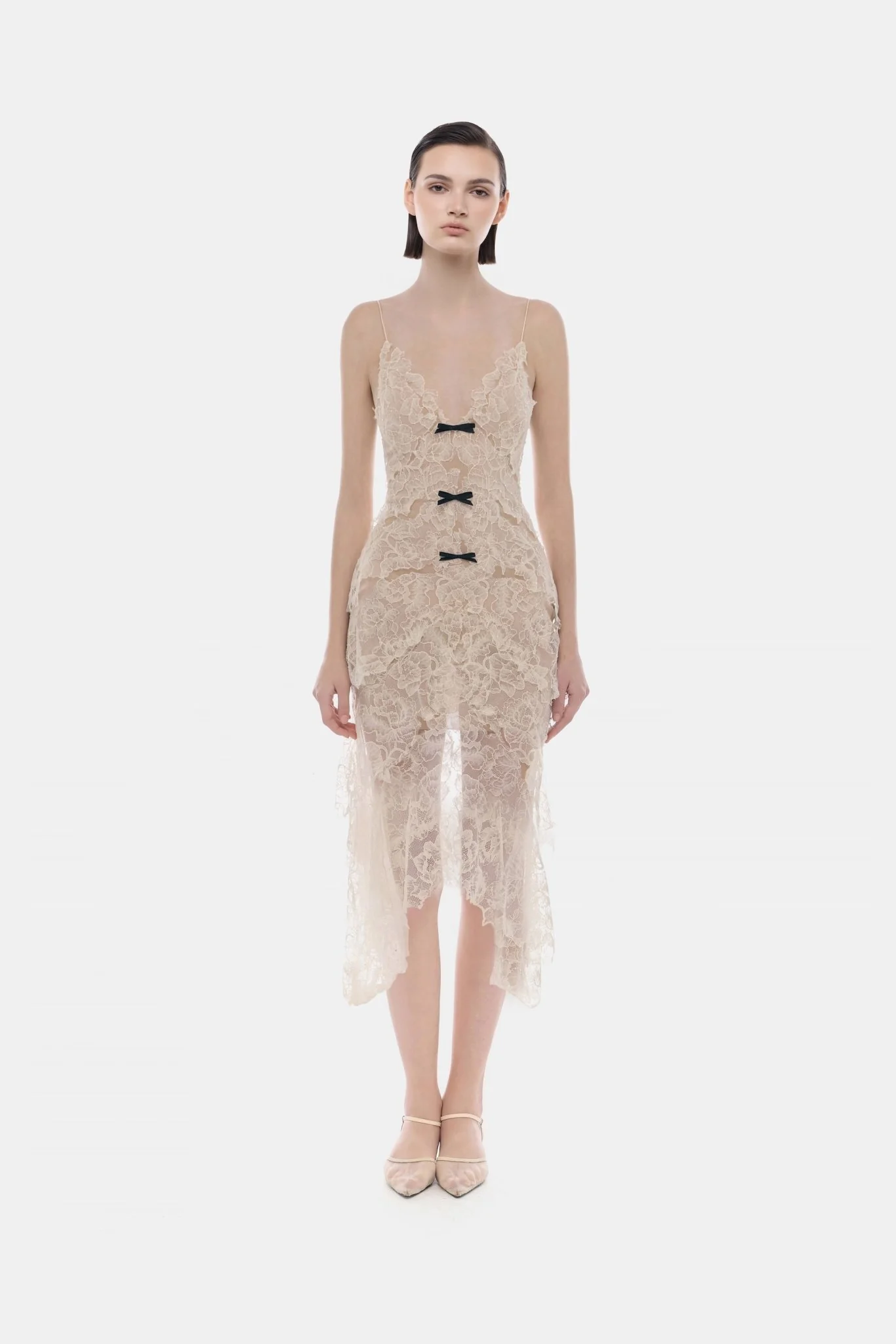 Beige Floral Bow Vneck Midi Dress - Image 2