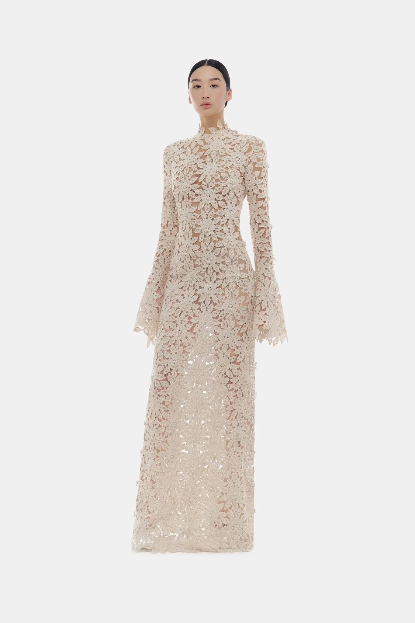Beige Floral Lace Maxi Dress - Image 3