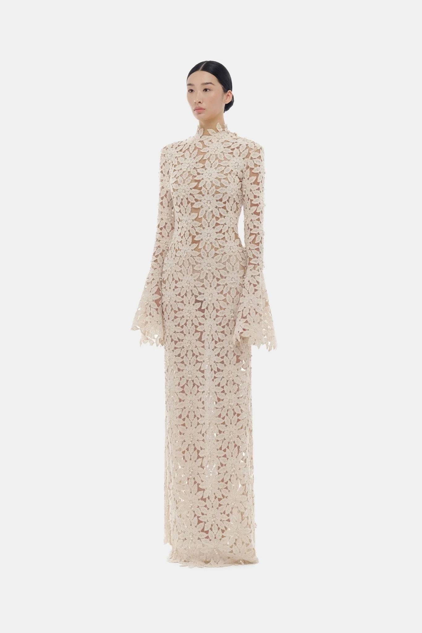 Beige Floral Lace Maxi Dress - Image 4