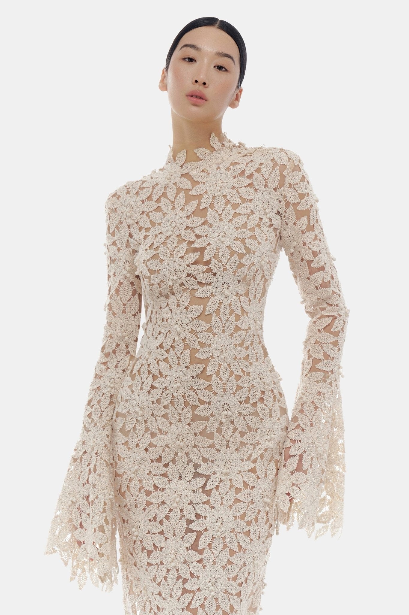 Beige Floral Lace Maxi Dress - Image 6
