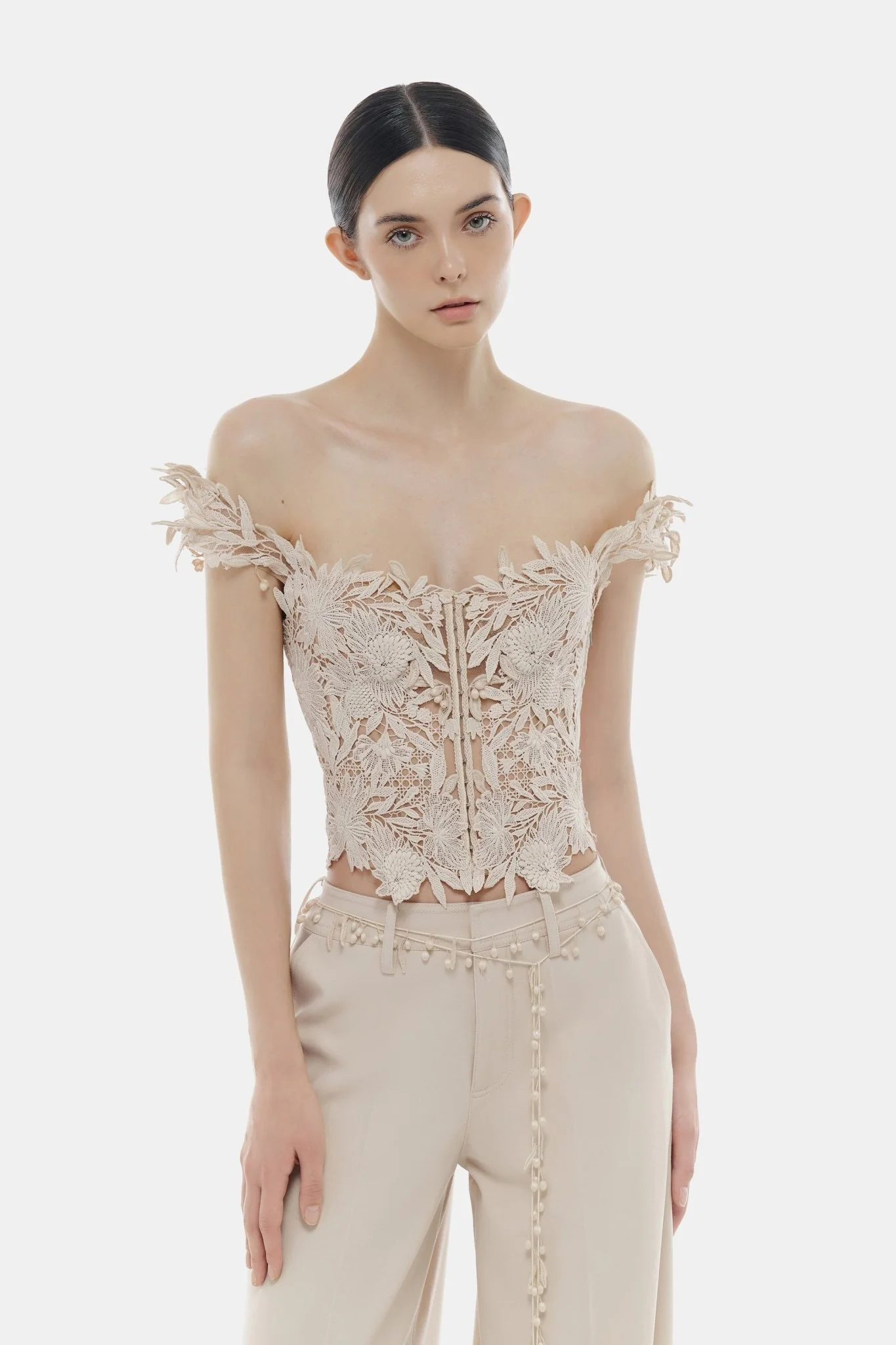 Beige Flower Beaded Corset Top - Image 5