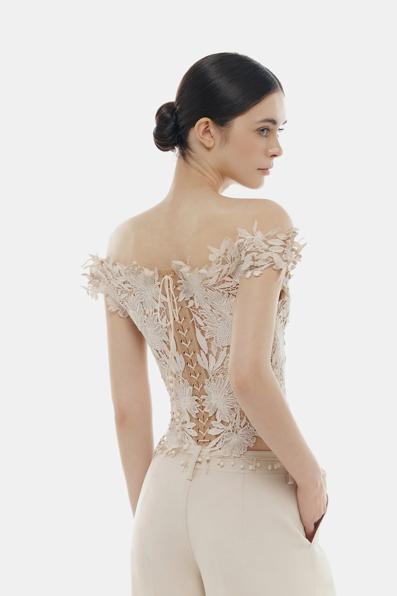 Beige Flower Beaded Corset Top - Image 6