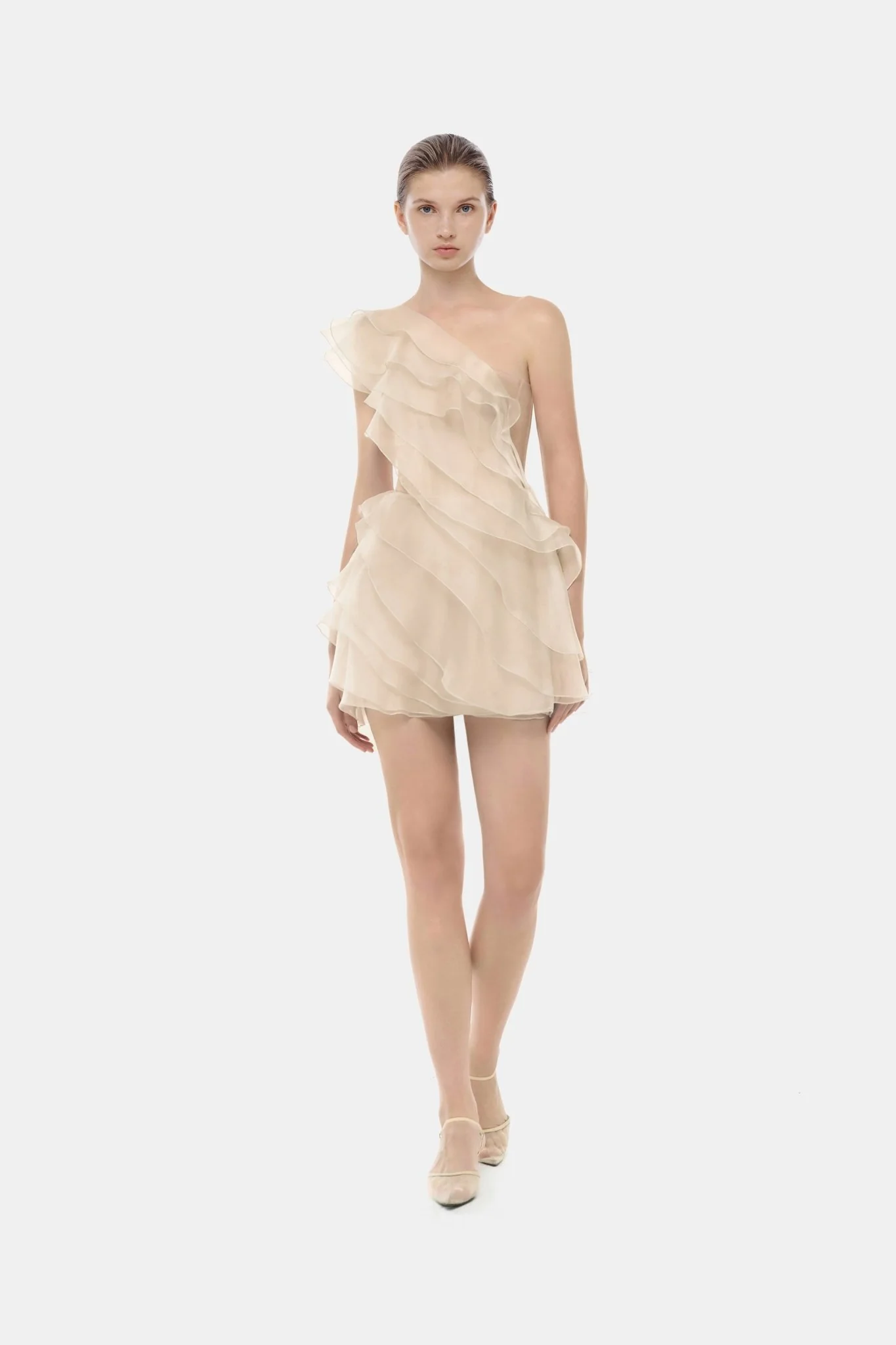 Beige Ruffle One-Shoulder Mini Dress - Image 2