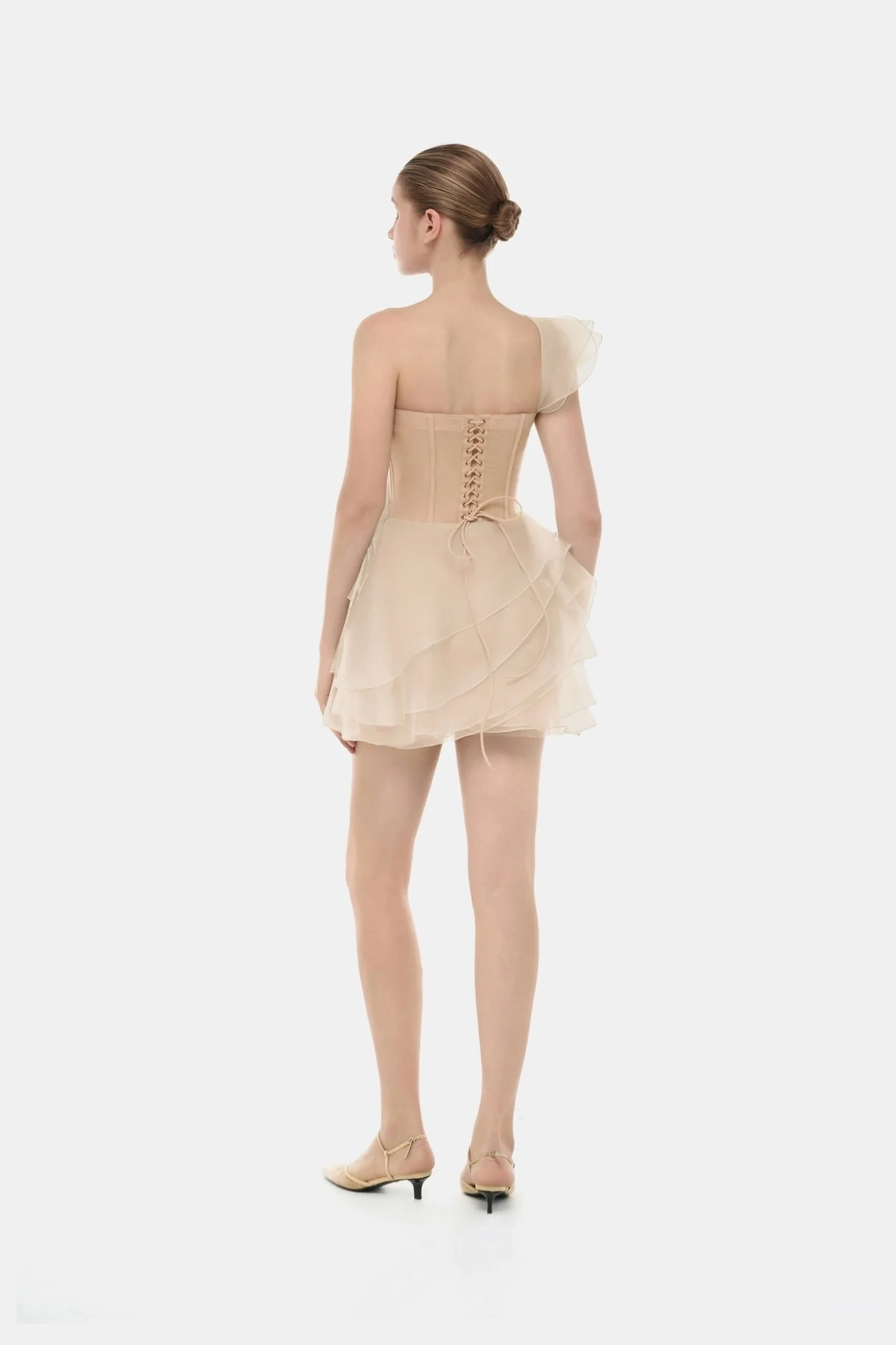 Beige Ruffle One-Shoulder Mini Dress - Image 3