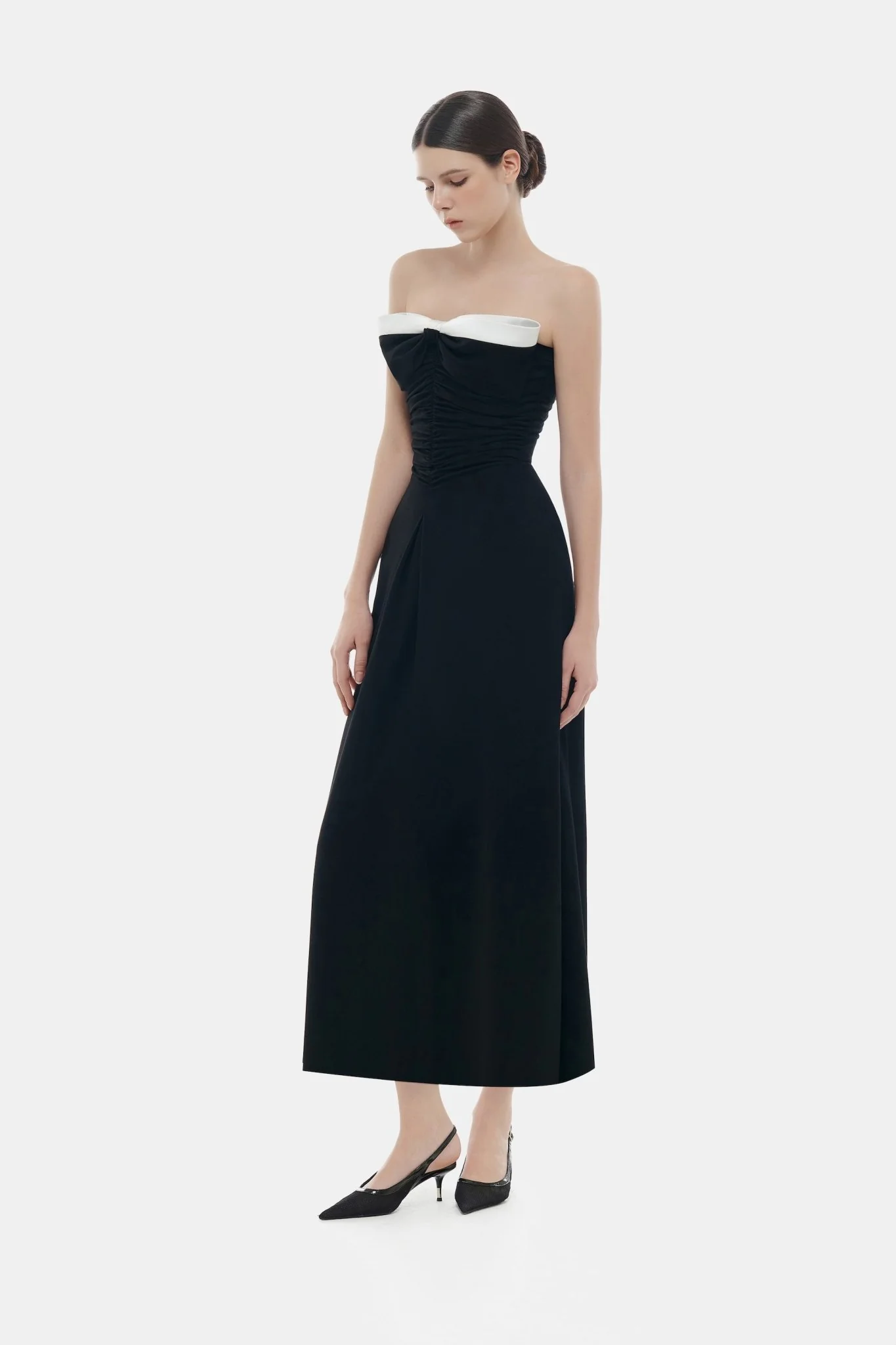 Black Bow Ruched Midi Dress - Image 3