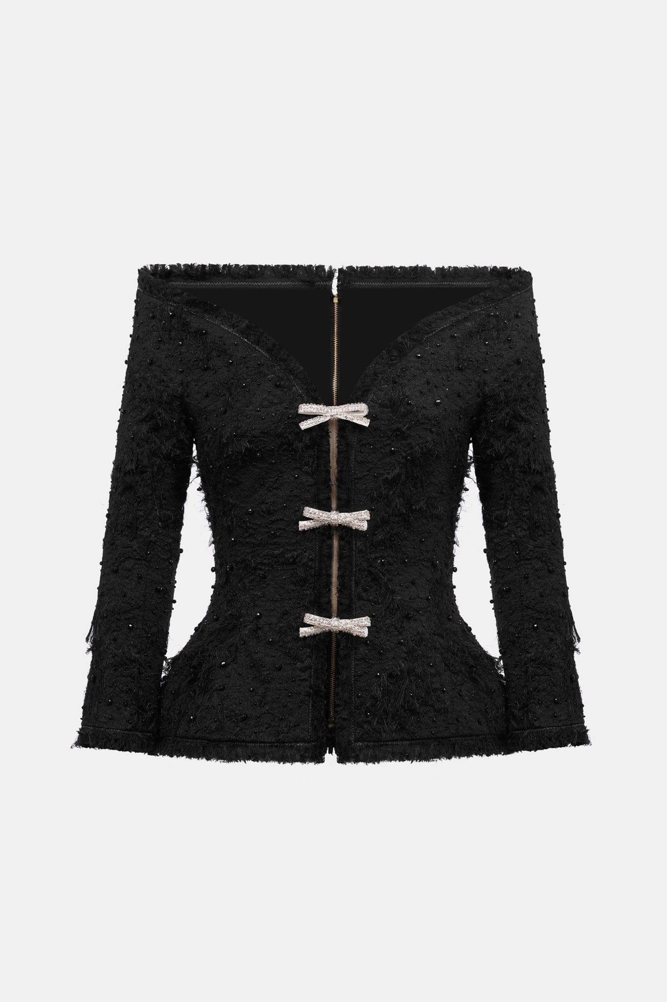 Black Off-shoulder Crystal Beaded Blazer