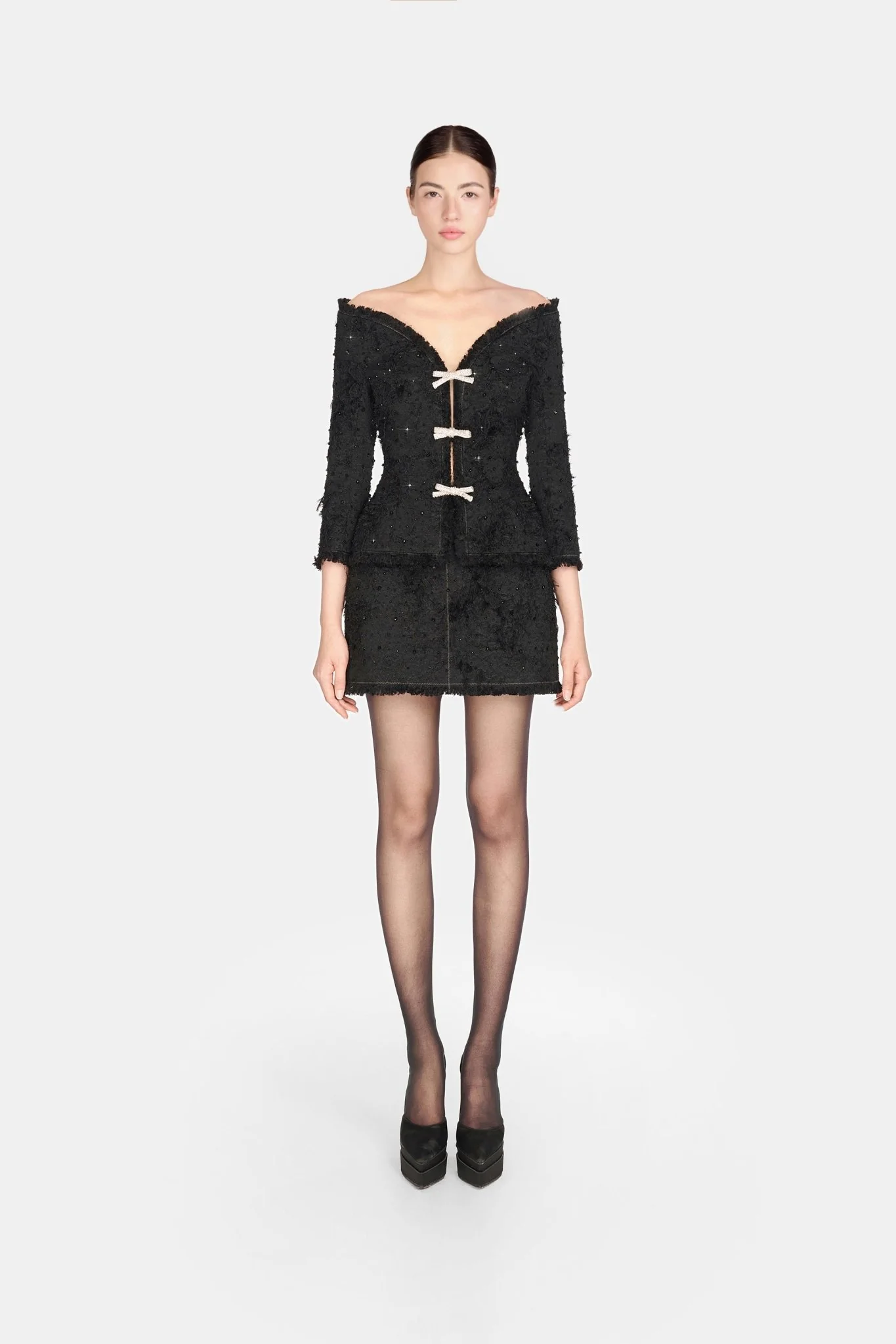 Black Off-shoulder Crystal Beaded Blazer - Image 2