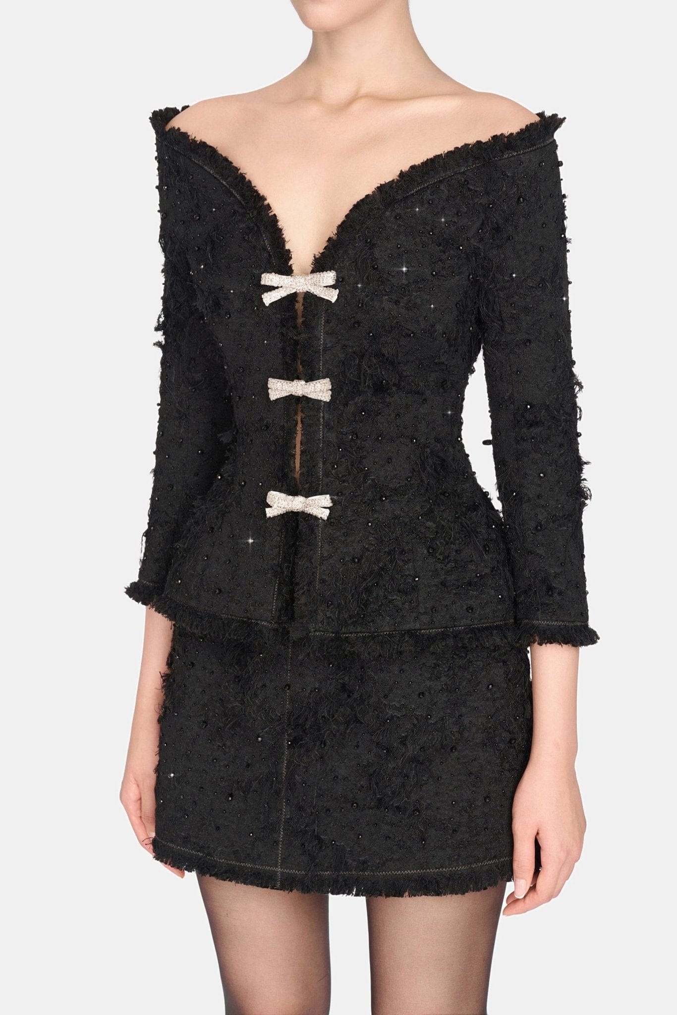 Black Off-shoulder Crystal Beaded Blazer - Image 5