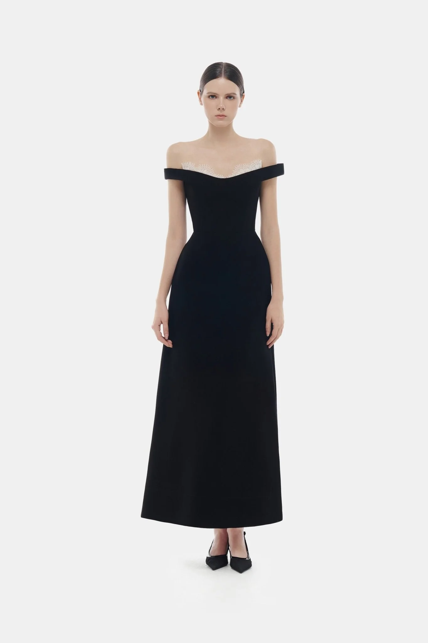 Black Off Shoulder Lace Detail Midi Dress - Image 2