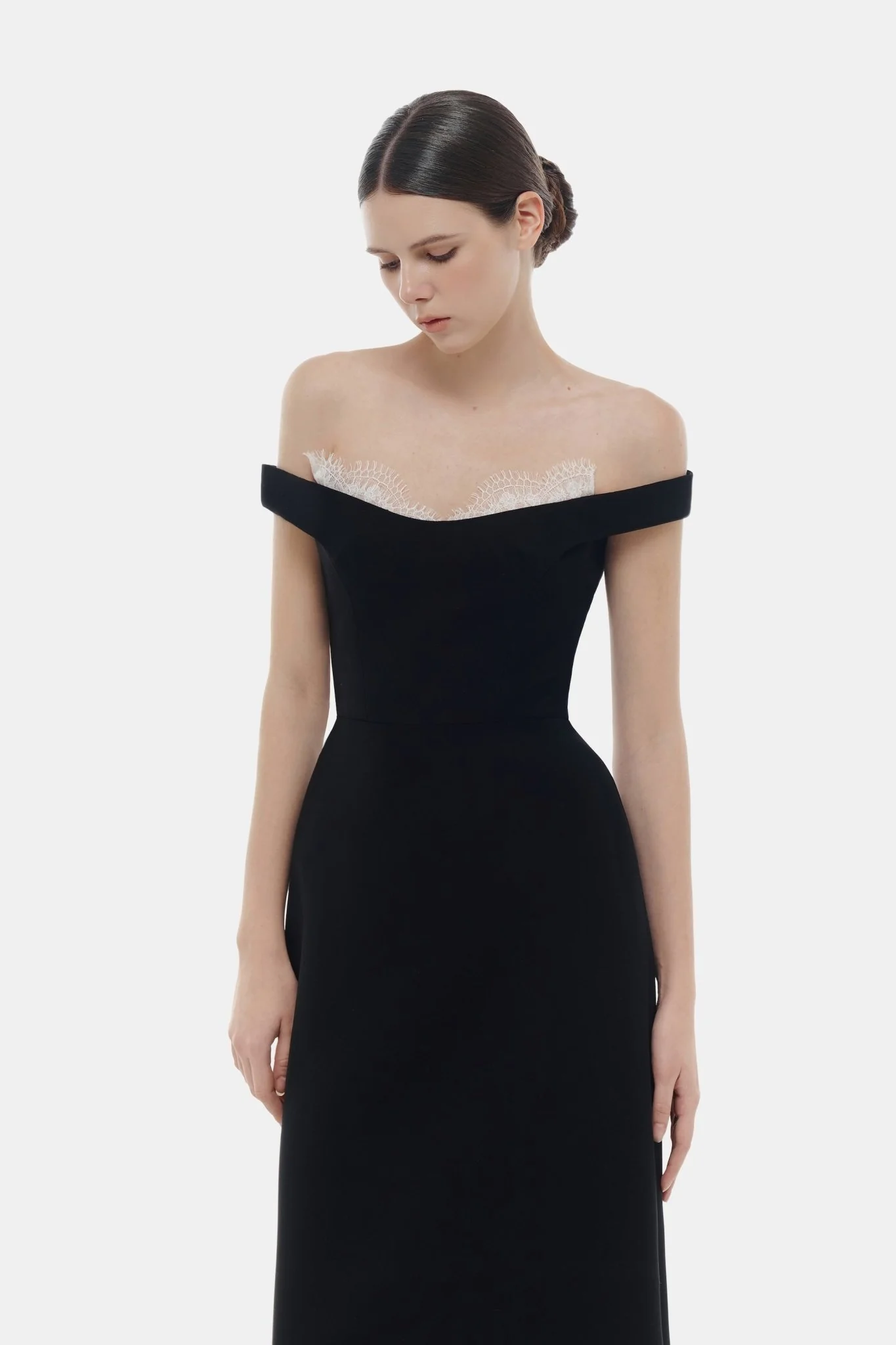 Black Off Shoulder Lace Detail Midi Dress - Image 5
