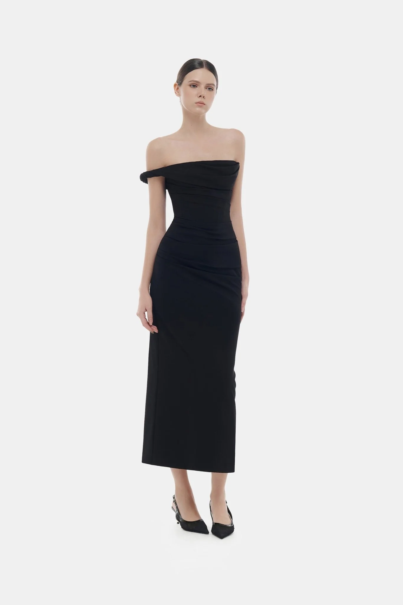 Black One-off Shoulder Draped Midi Dress - Image 2