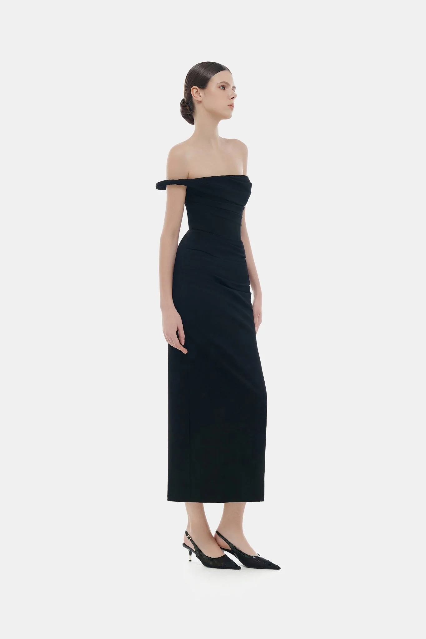 Black One-off Shoulder Draped Midi Dress - Image 3