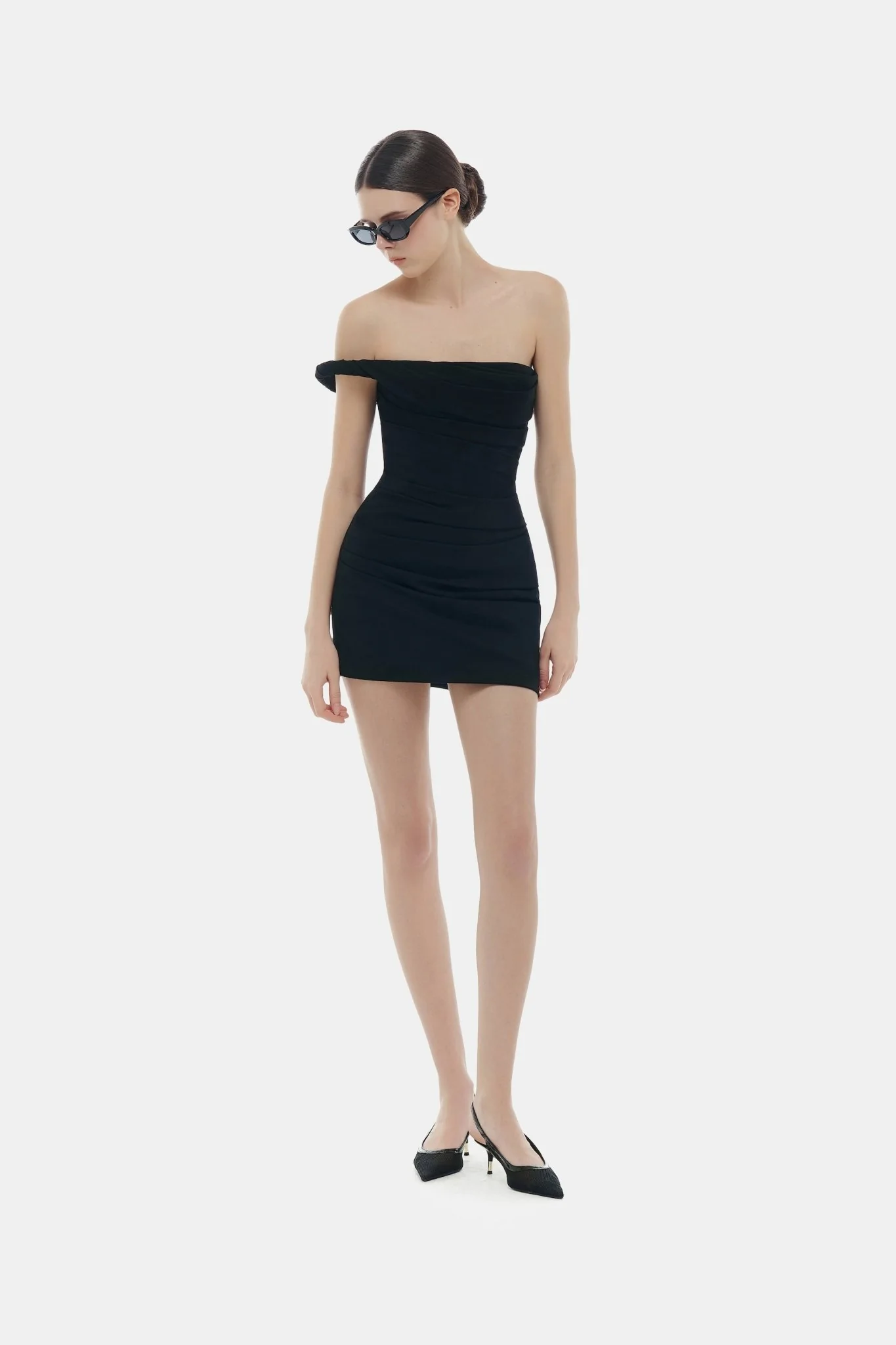 Black One-off Shoulder Draped Mini Dress - Image 2