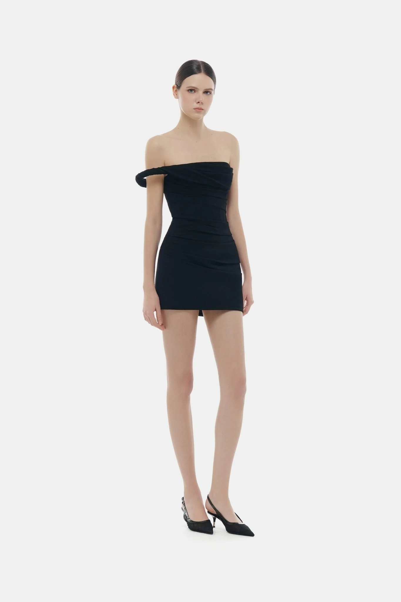 Black One-off Shoulder Draped Mini Dress - Image 3