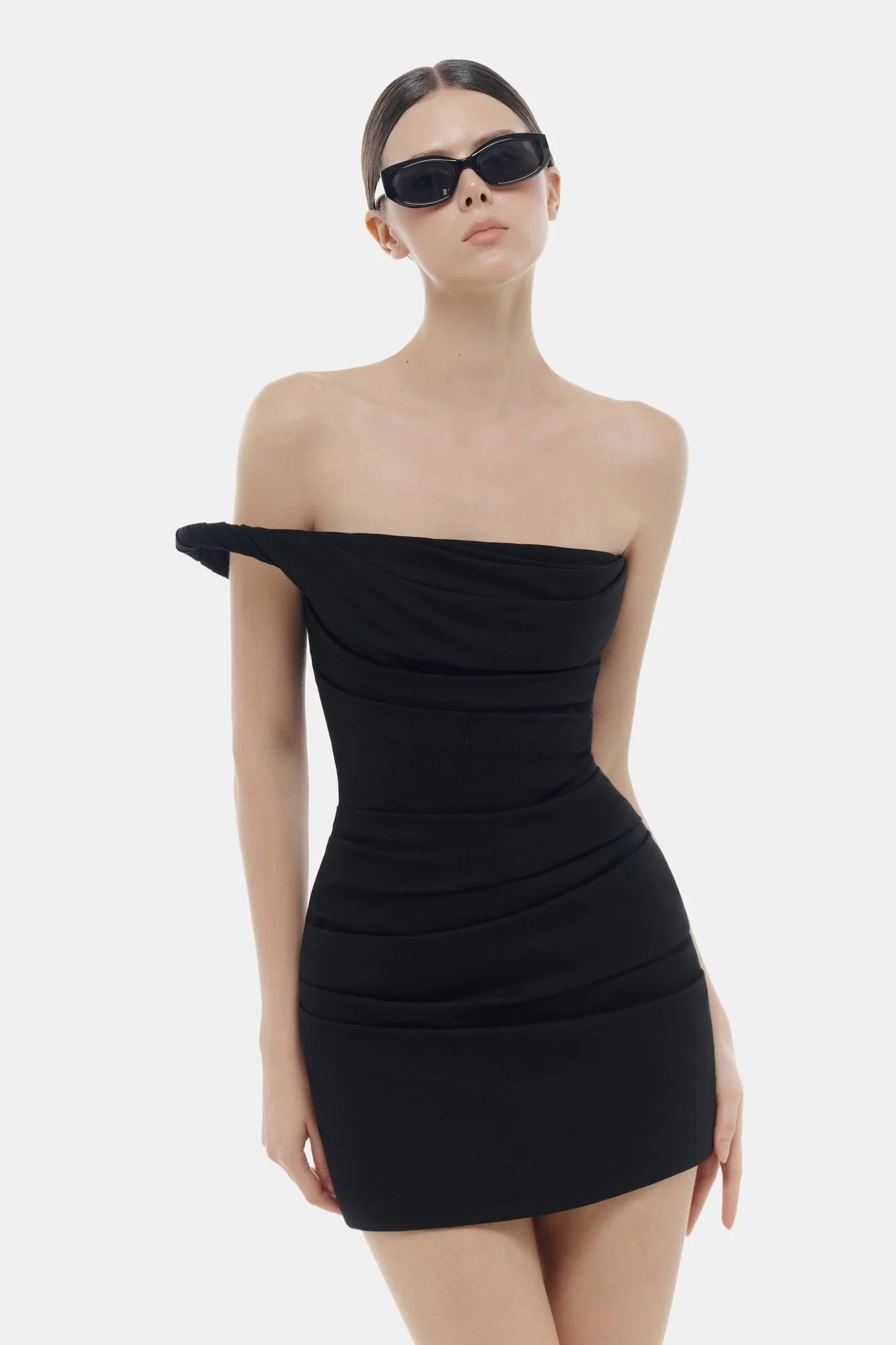 Black One-off Shoulder Draped Mini Dress - Image 5