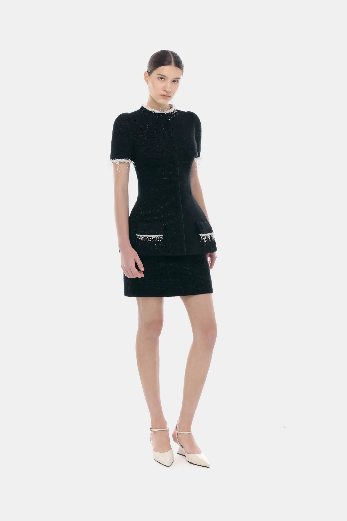 Black Short Sleeve Tweed Blazer - Image 3
