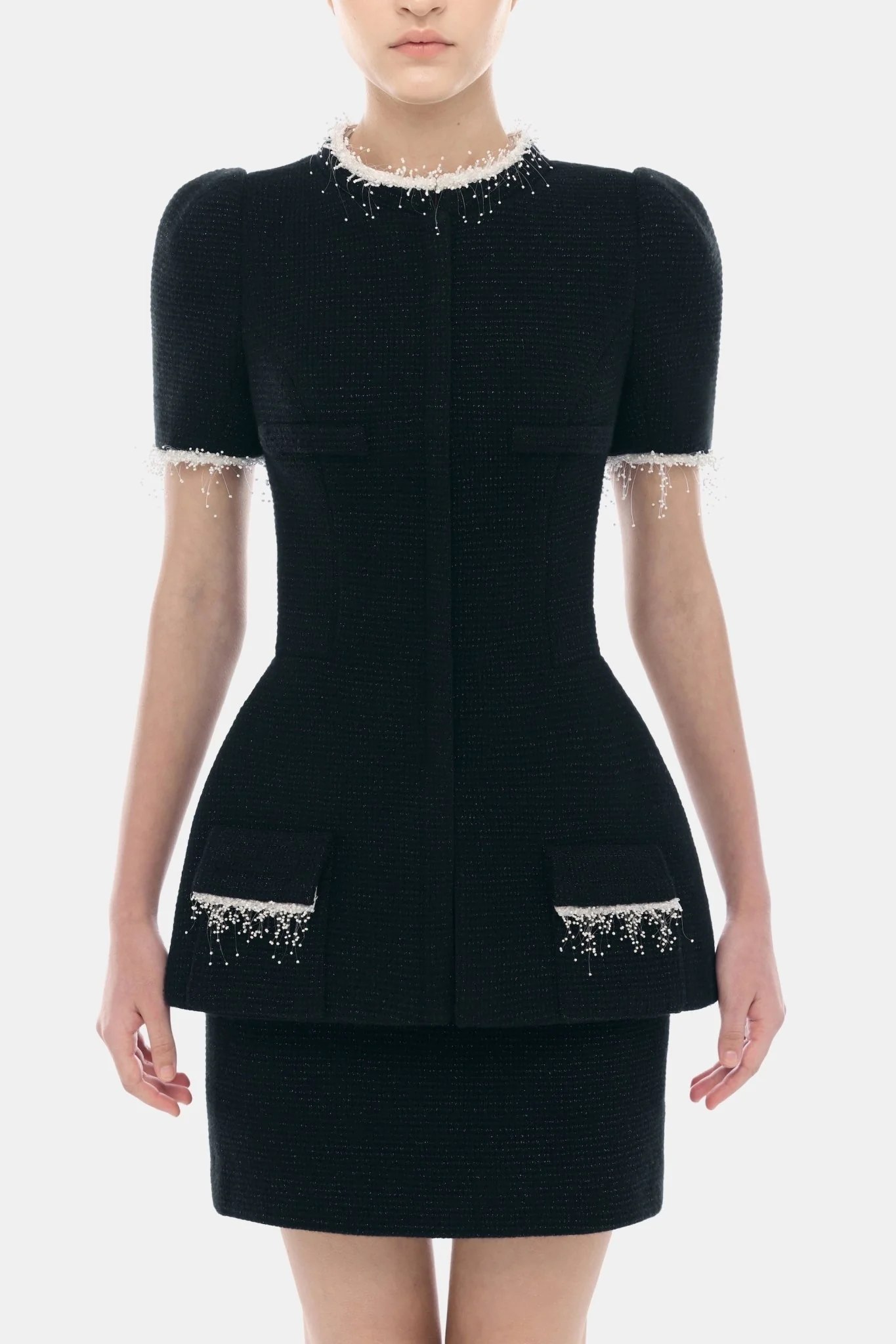 Black Short Sleeve Tweed Blazer - Image 5