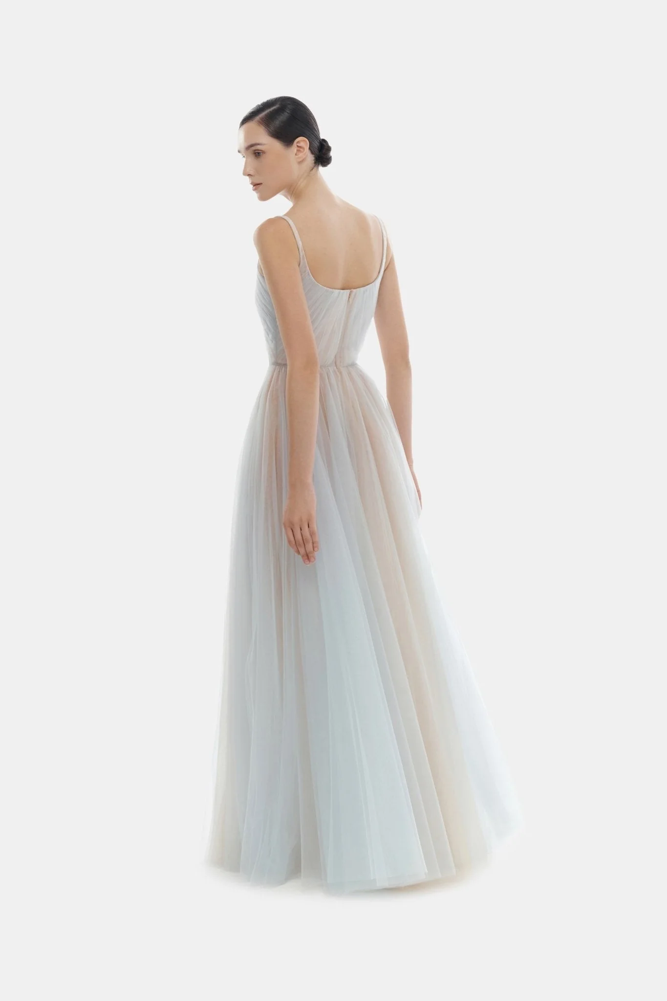 Blue Draped Tulle Maxi Dress - Image 3