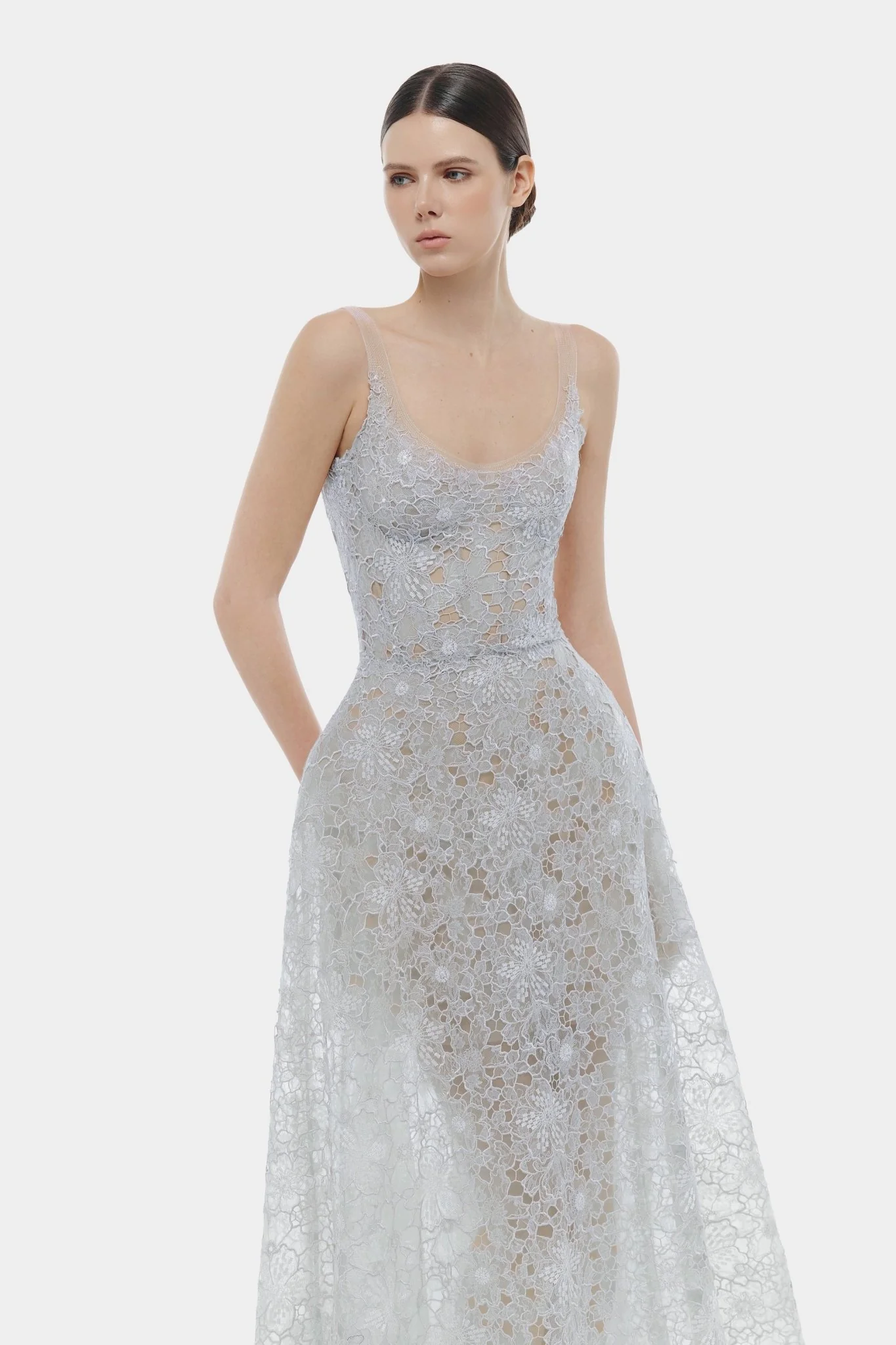 Blue Flower Lace Maxi Dress - Image 2