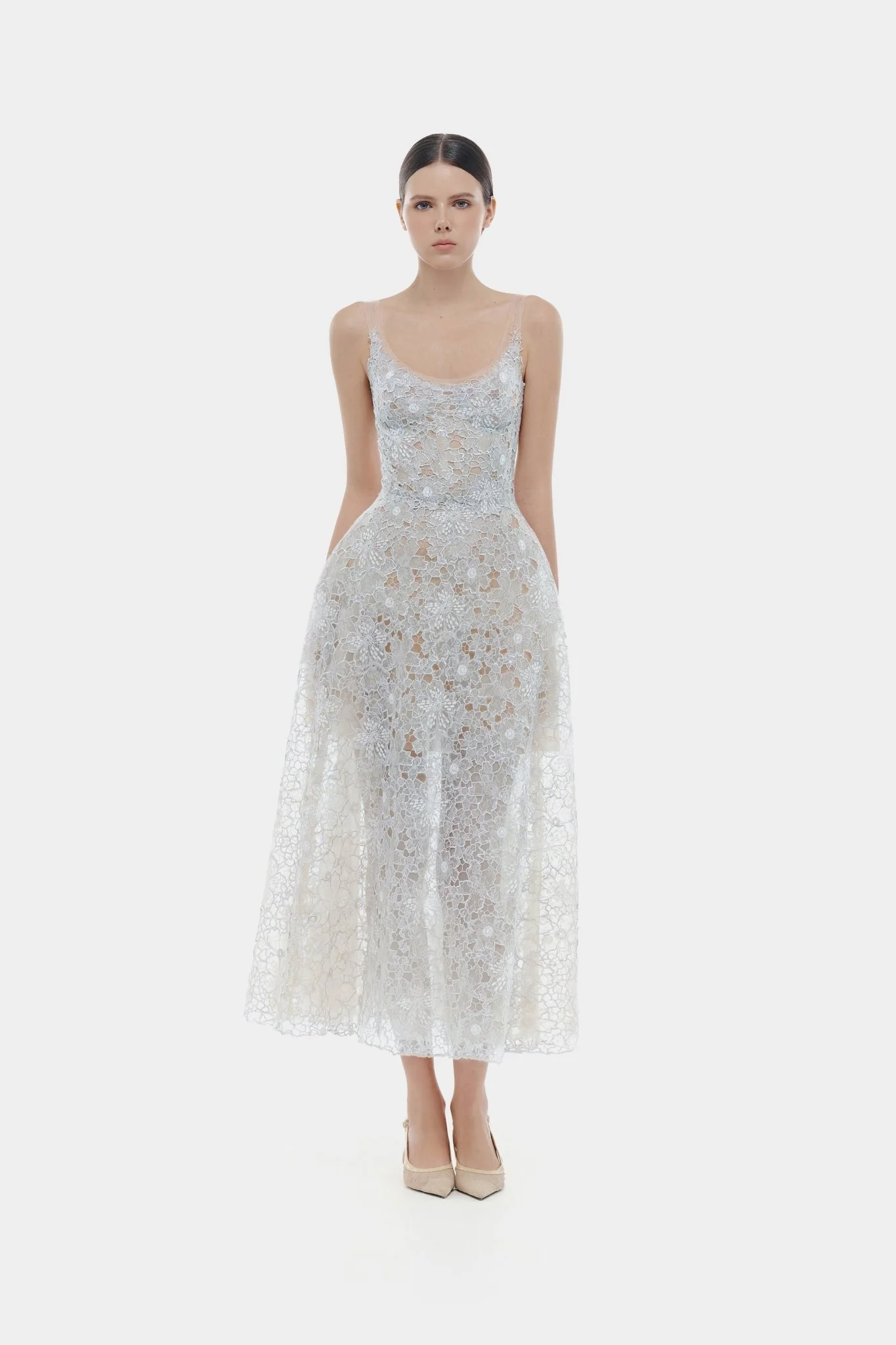 Blue Flower Lace Midi Dress - Image 4