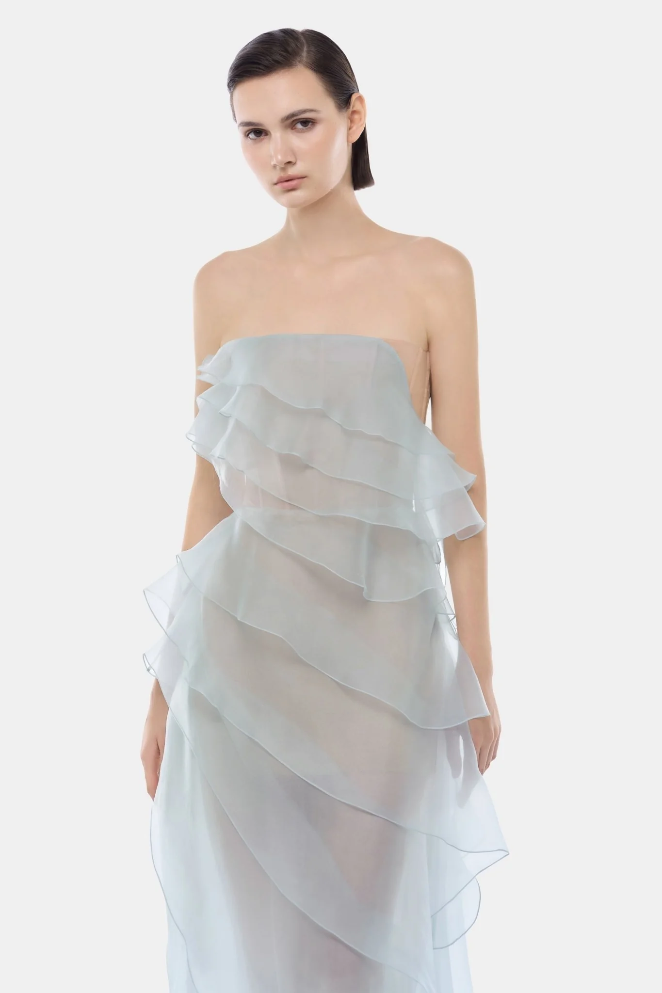 Blue Tiered Strapless Dress - Image 4