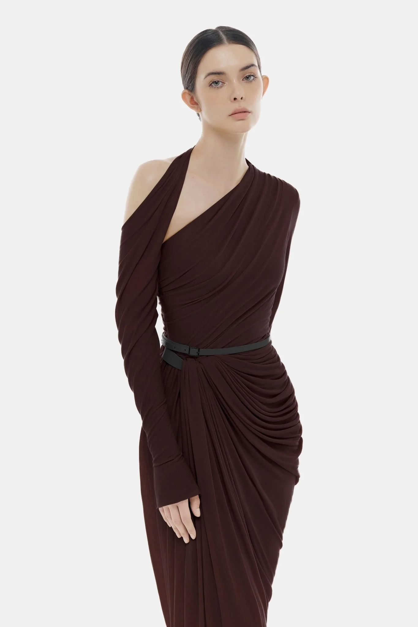 Brown Draped Asymmetric Maxi Dress - Image 3