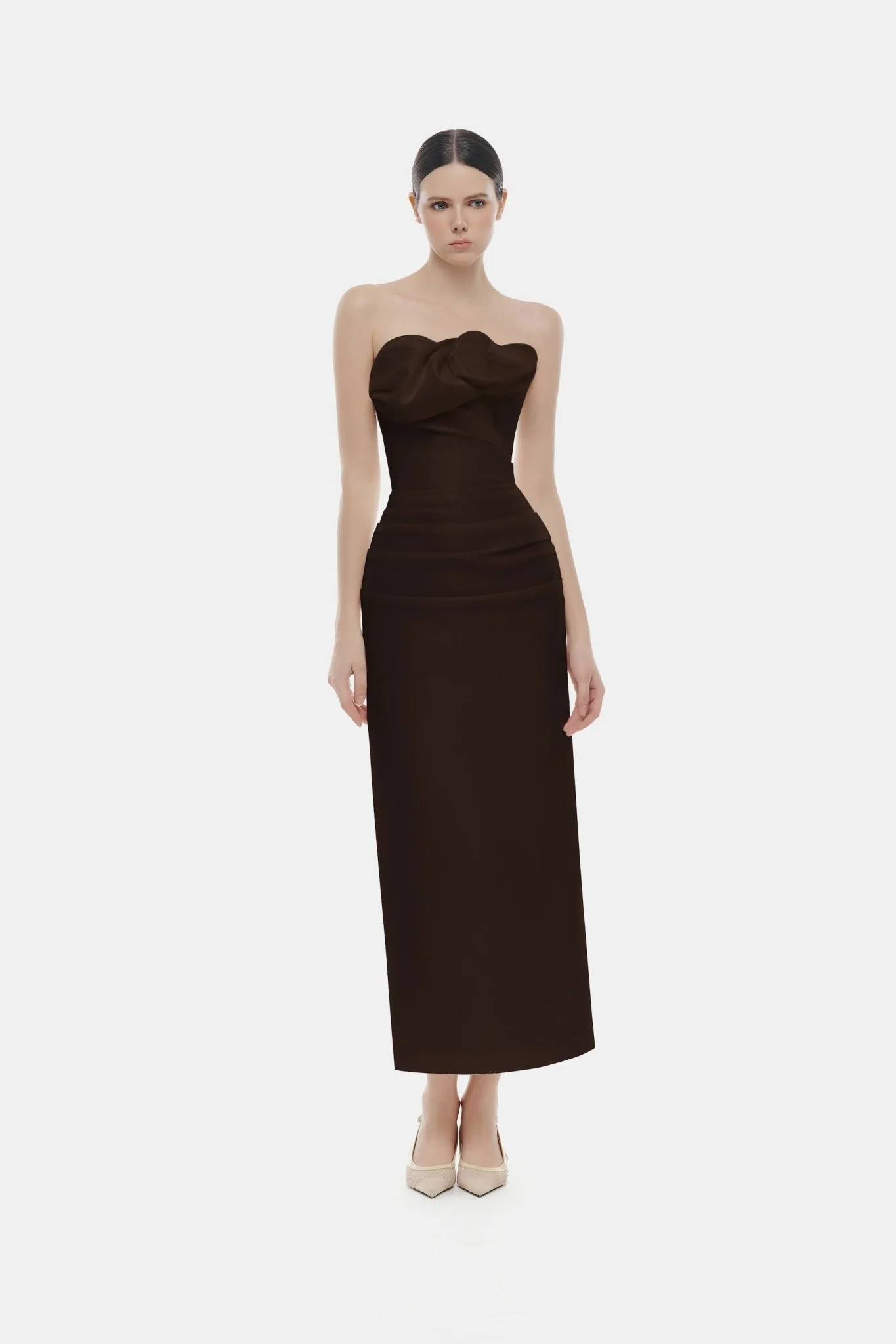 Brown Draped Tube Midi Dress - Image 2