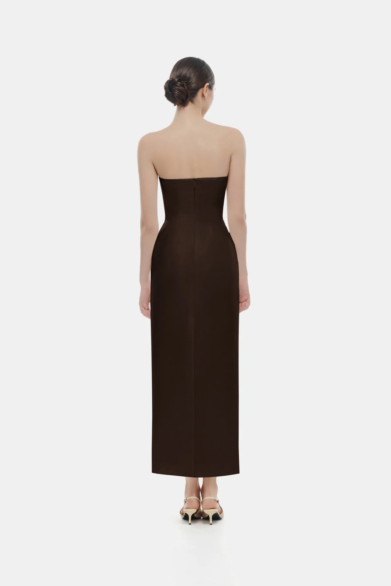 Brown Draped Tube Midi Dress - Image 3