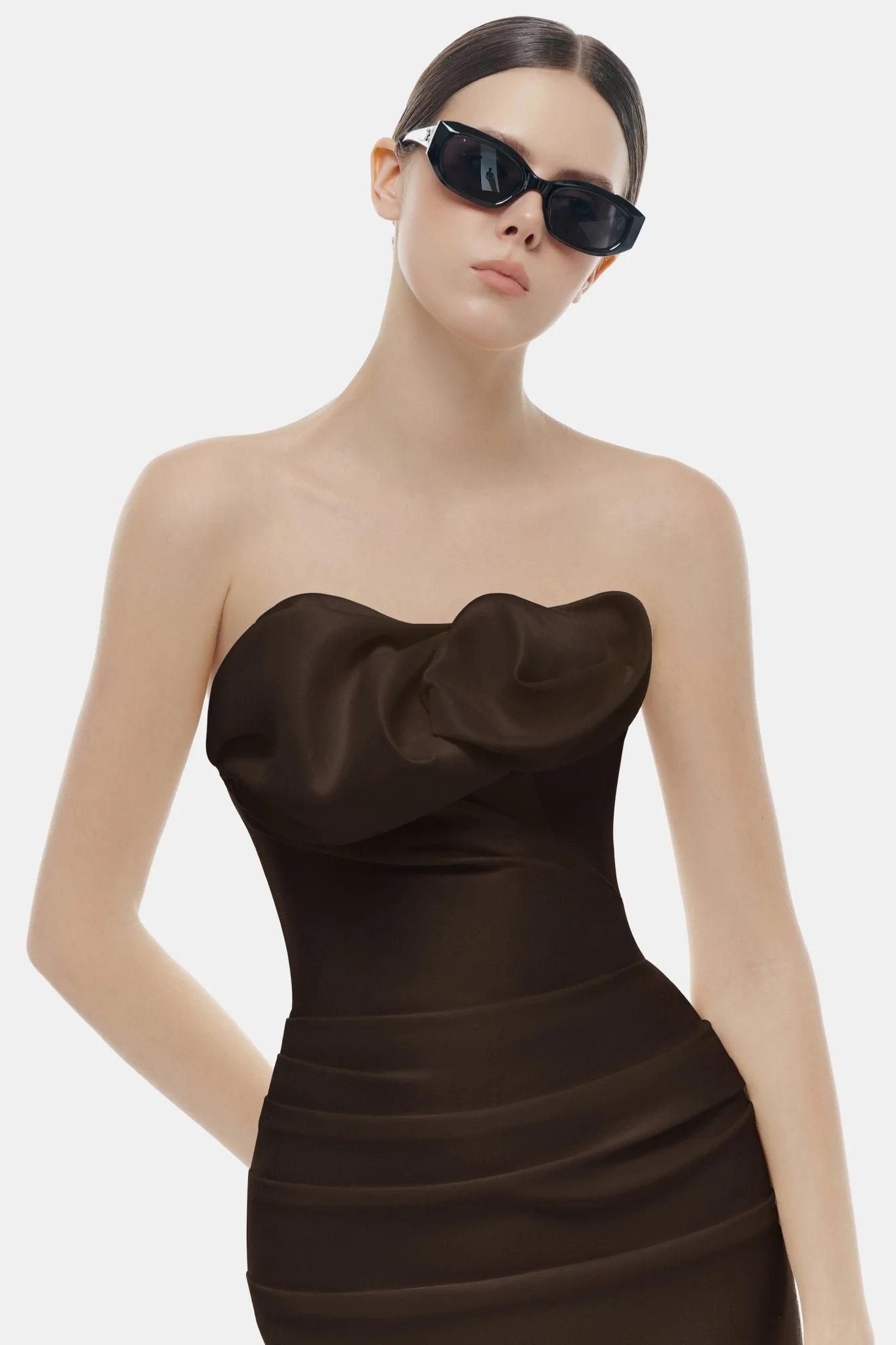Brown Draped Tube Midi Dress - Image 4