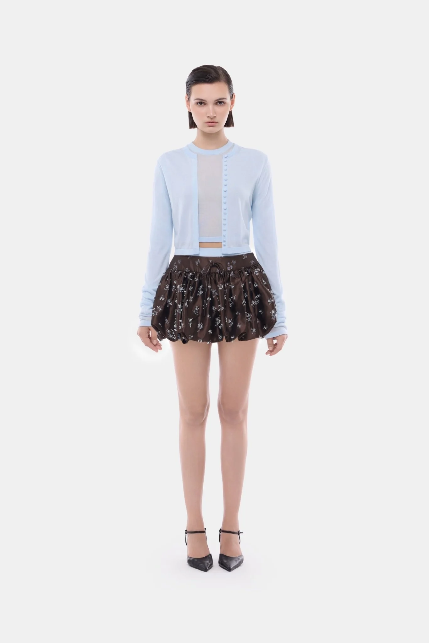 Brown Floral Bubble Mini Skirt - Image 2