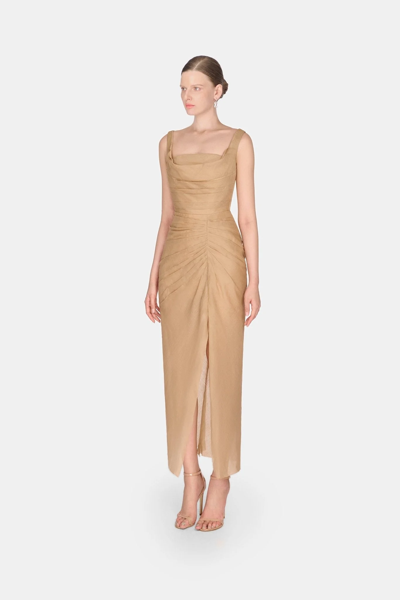 Brown Organza Linen Draped Dress - Image 3
