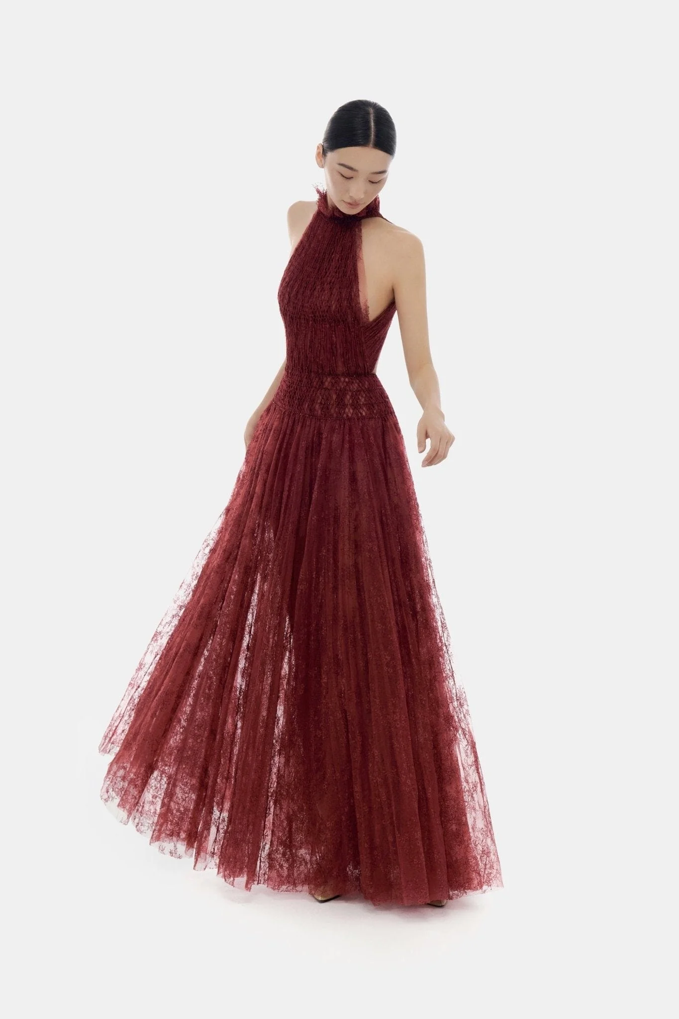 Burgundy Smocked Lace Maxi Dress - Image 3