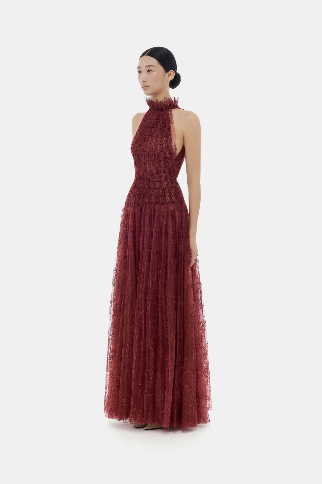 Burgundy Smocked Lace Maxi Dress - Image 4