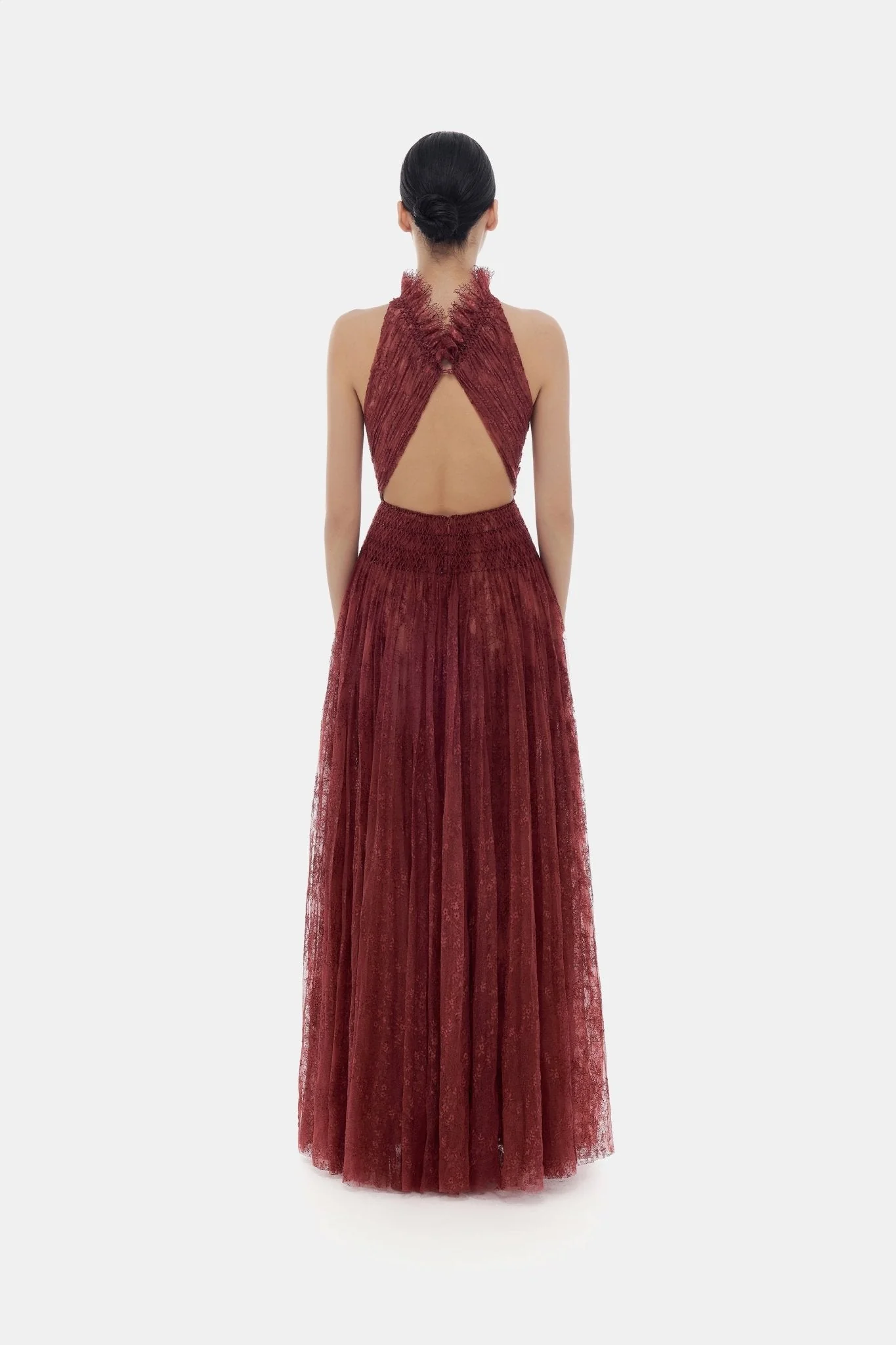Burgundy Smocked Lace Maxi Dress - Image 5