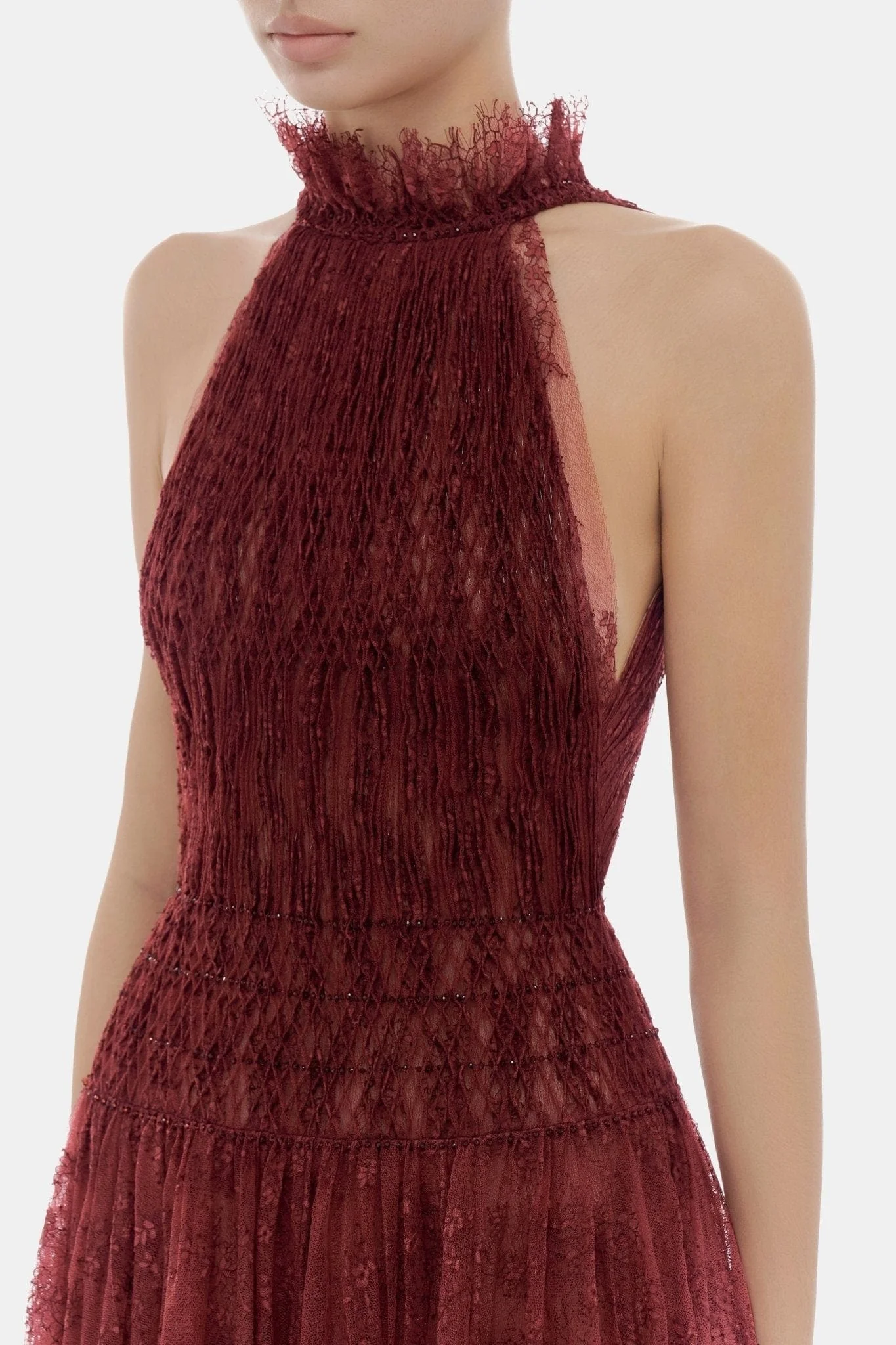Burgundy Smocked Lace Maxi Dress - Image 6