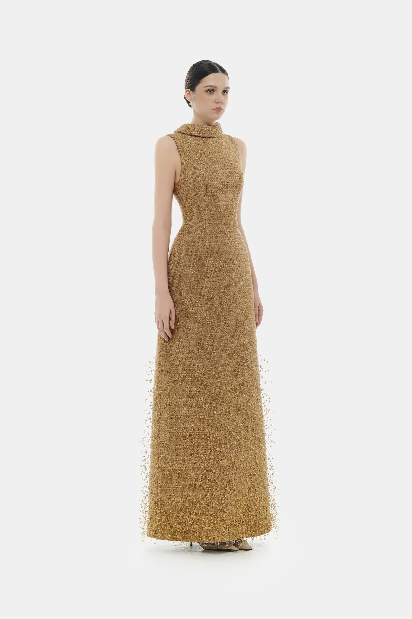 Camel Crystal Beaded Tweed Dress - Image 3