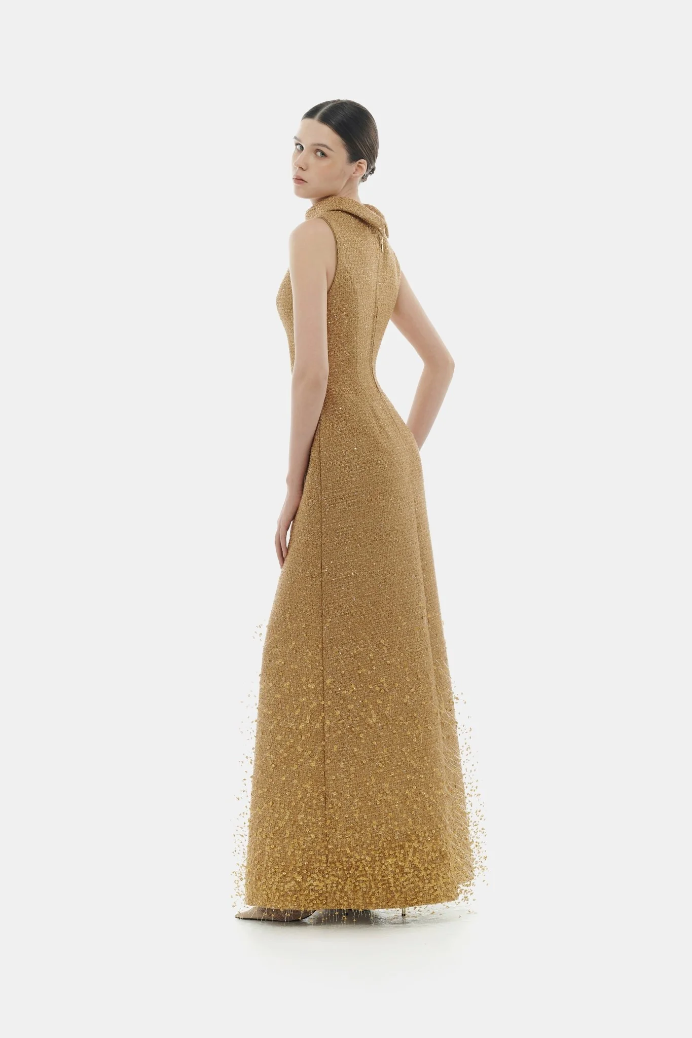 Camel Crystal Beaded Tweed Dress - Image 4