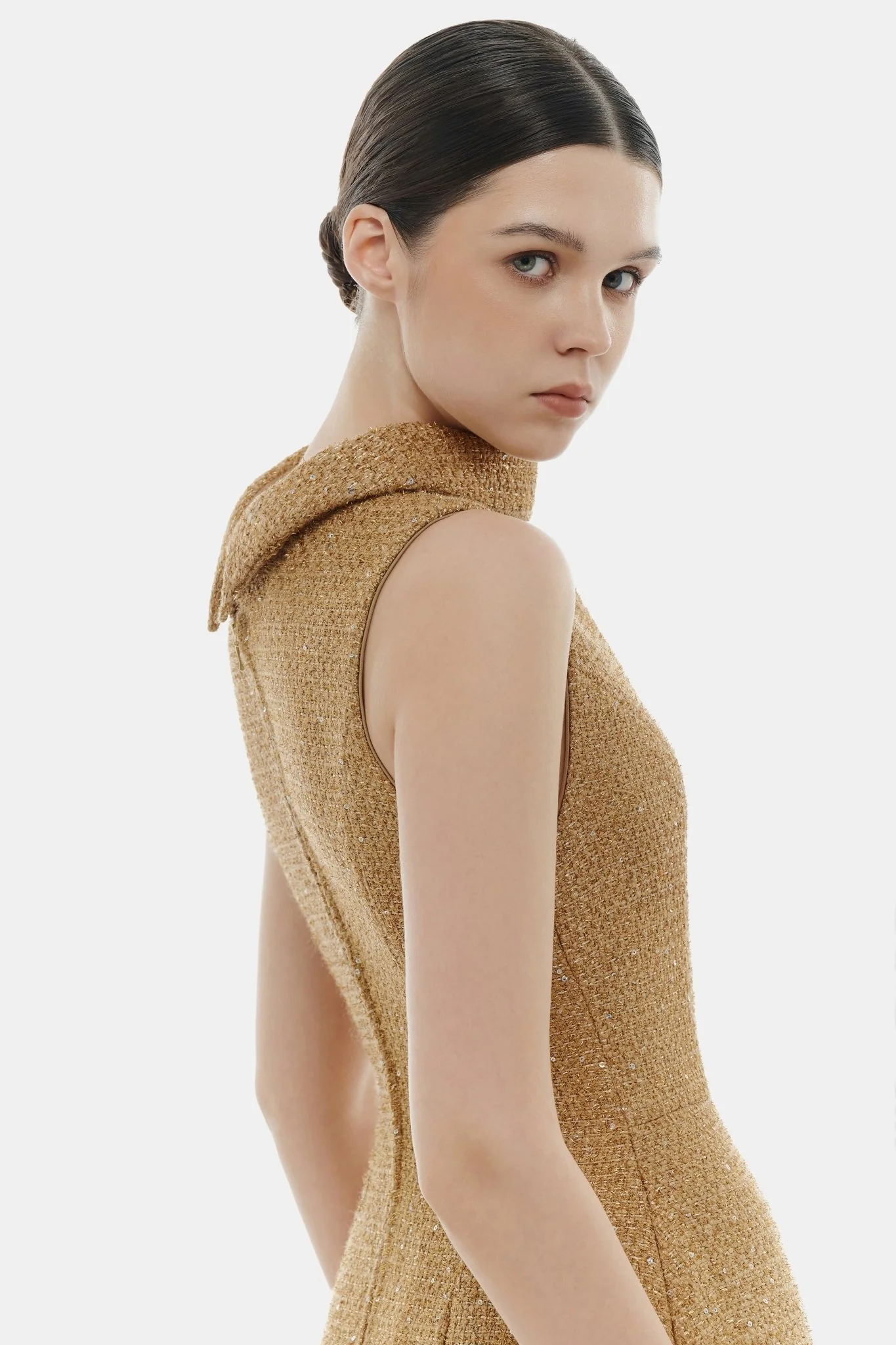 Camel Crystal Beaded Tweed Dress - Image 5