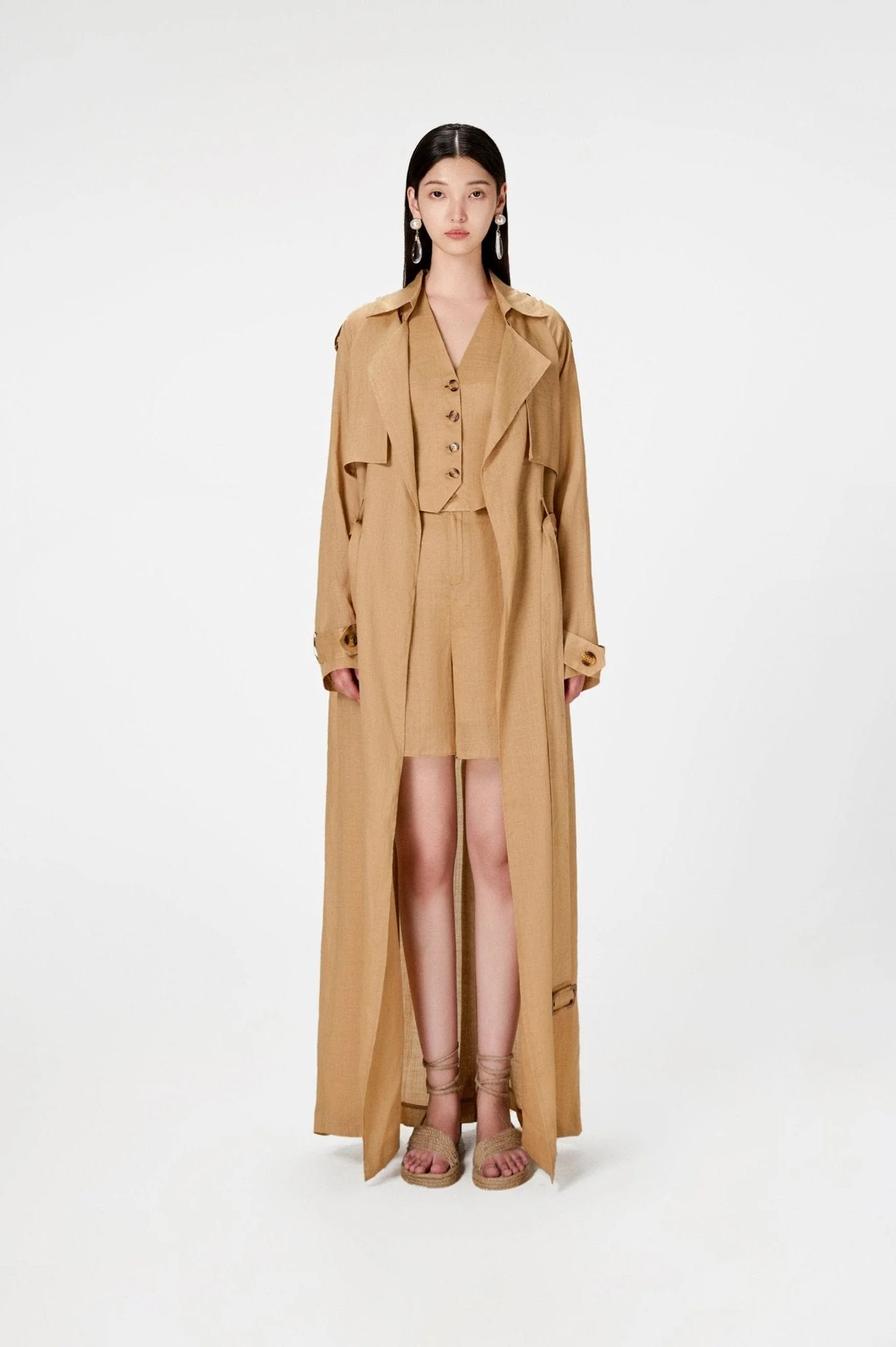 Camel Linen Trench Coat - Image 3