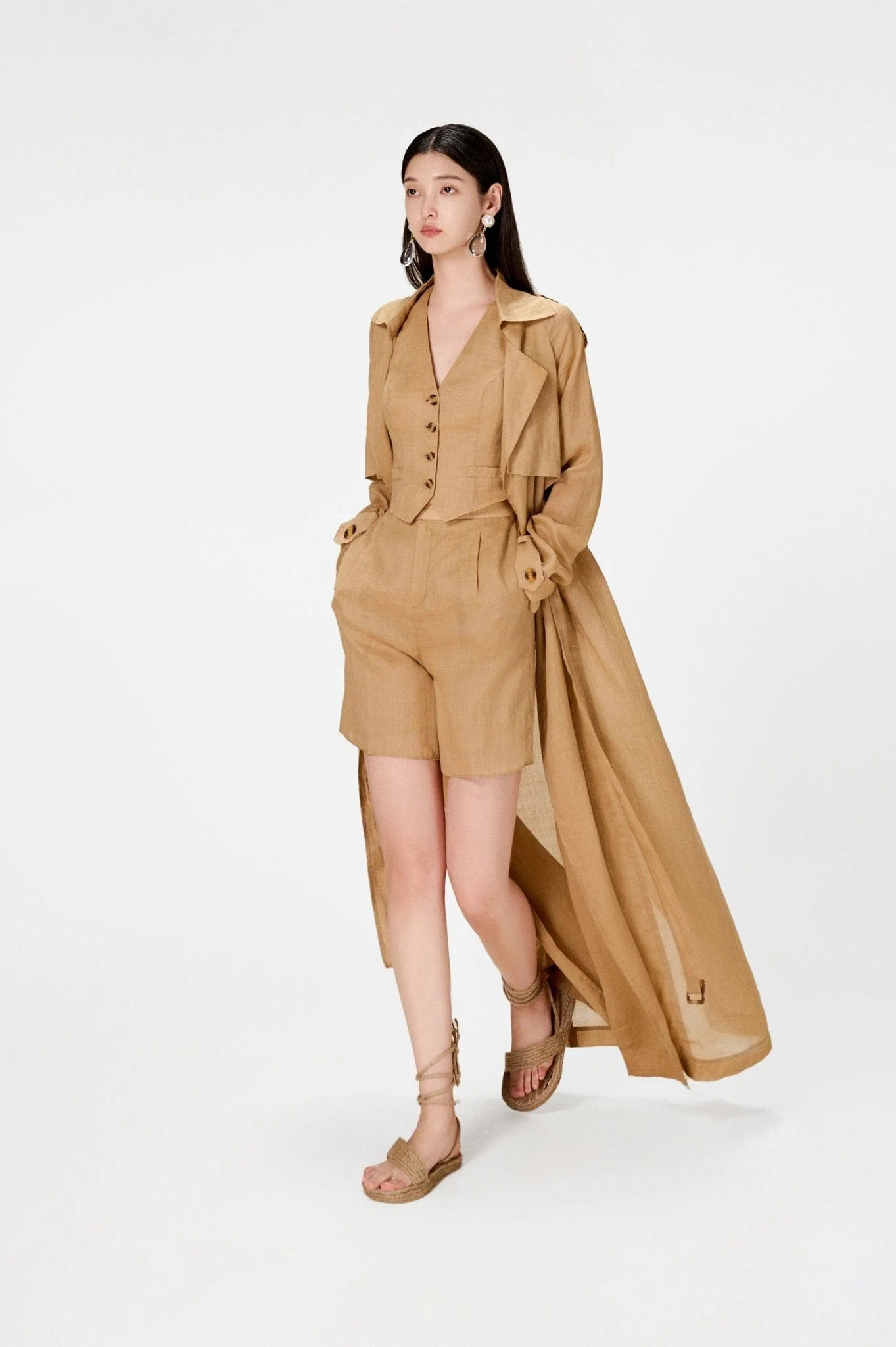 Camel Linen Trench Coat - Image 4