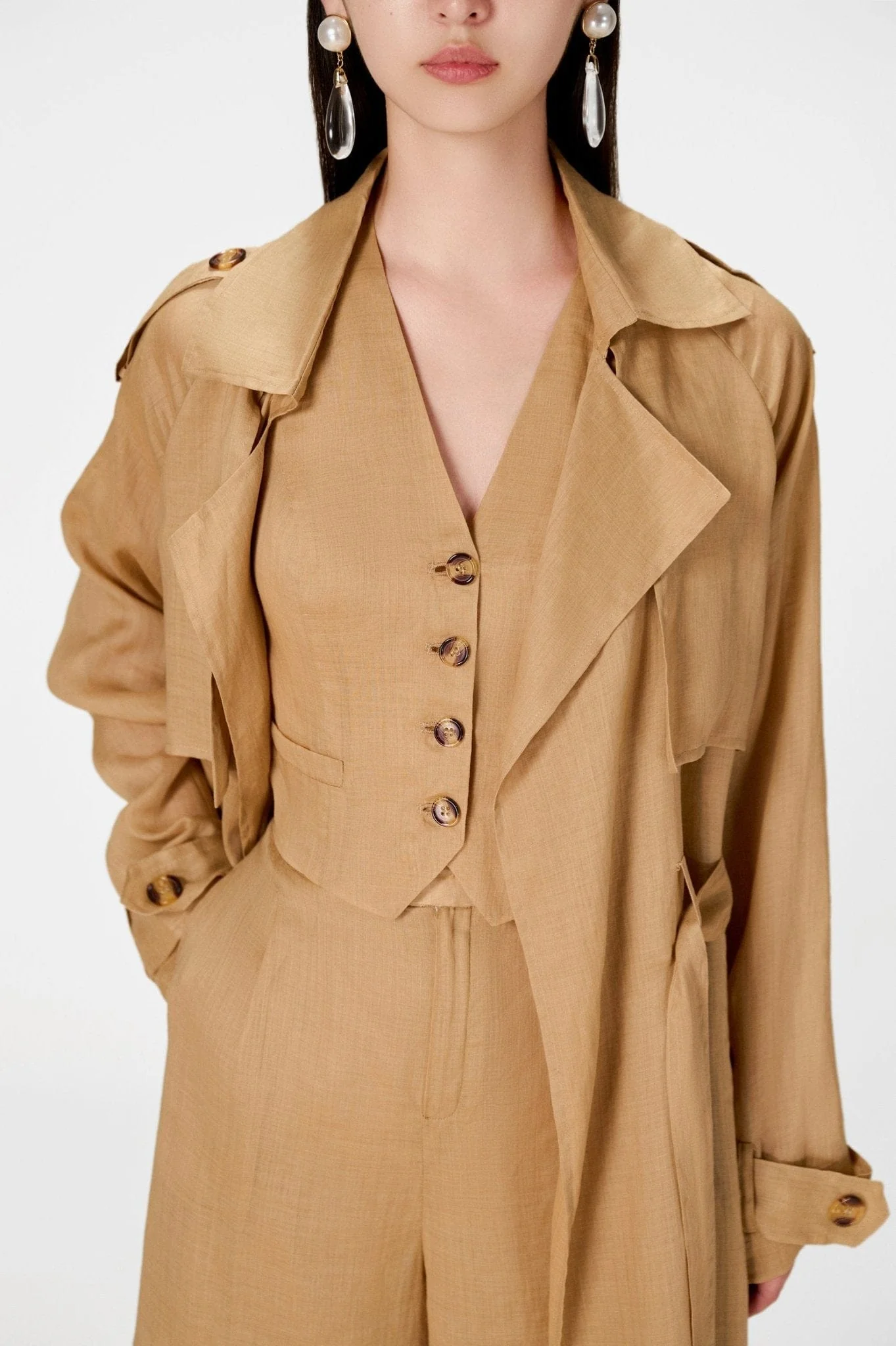 Camel Linen Trench Coat - Image 6