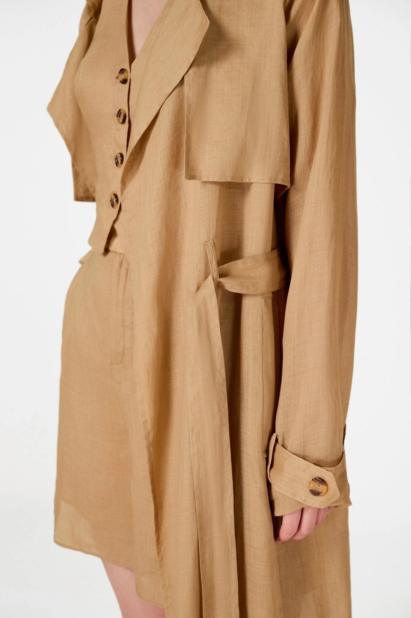 Camel Linen Trench Coat - Image 7