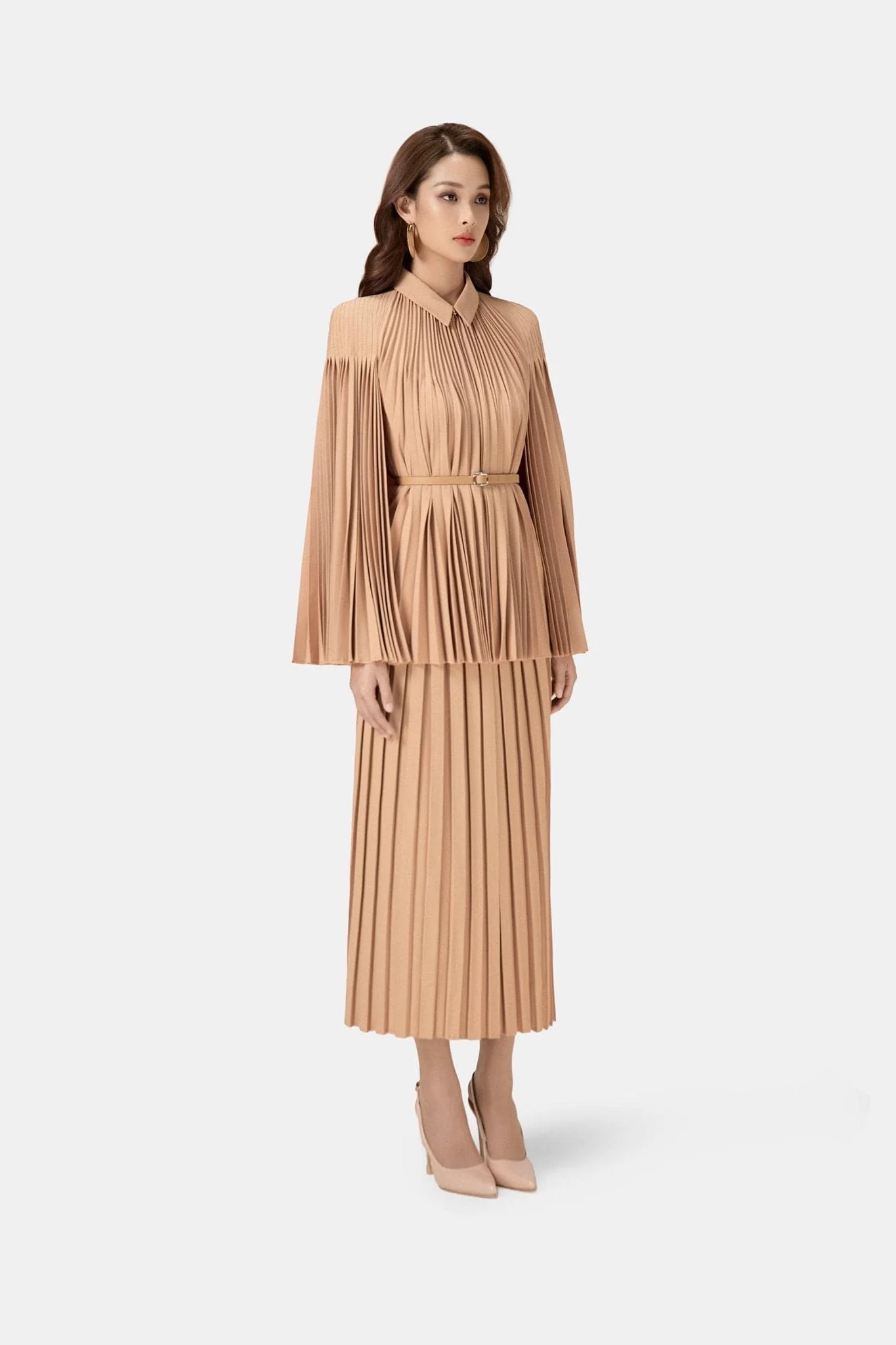 Camel Pleated Cape Jacket - Image 3
