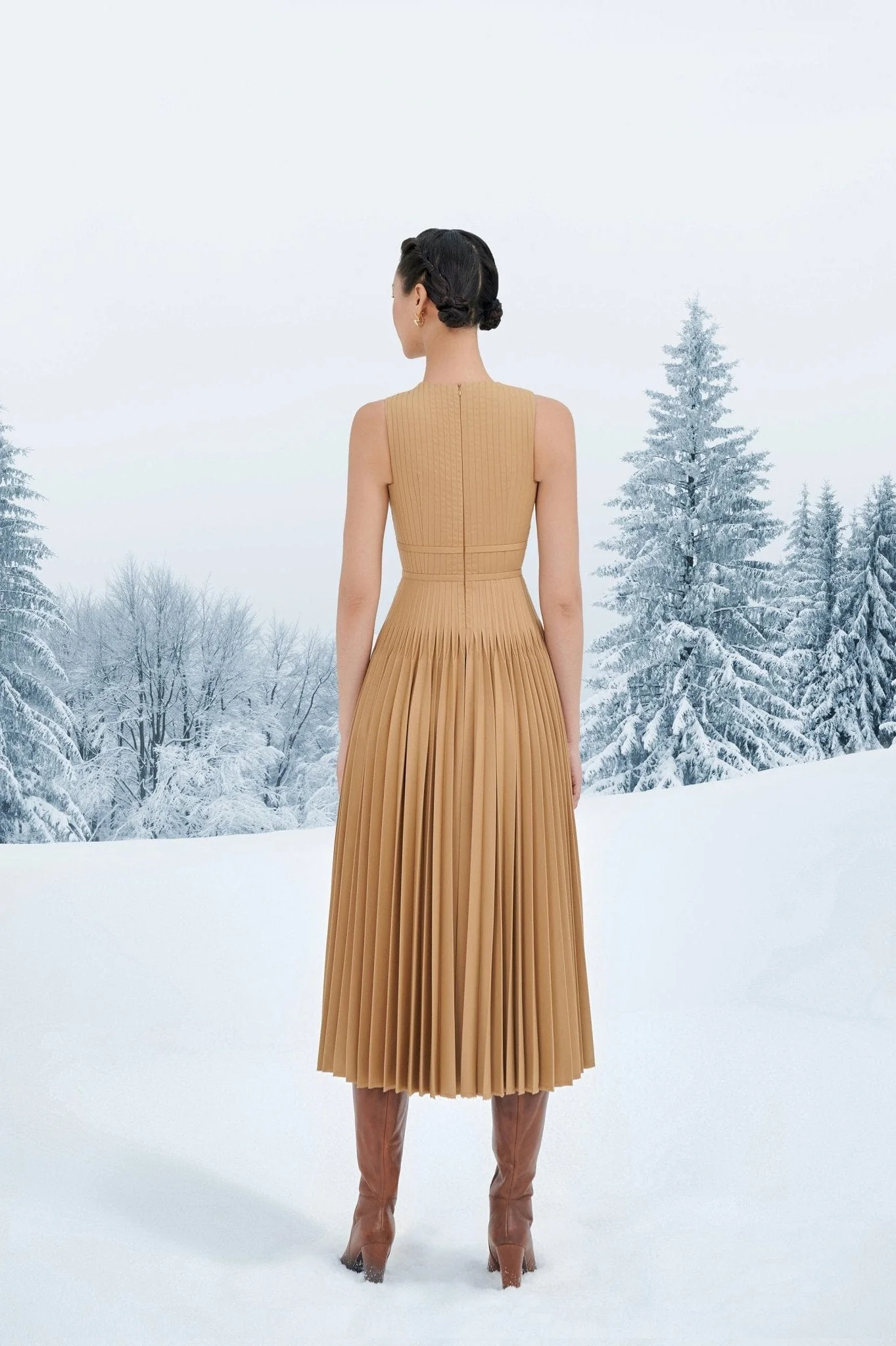 Brown Pleated Midi Dress - Image 4