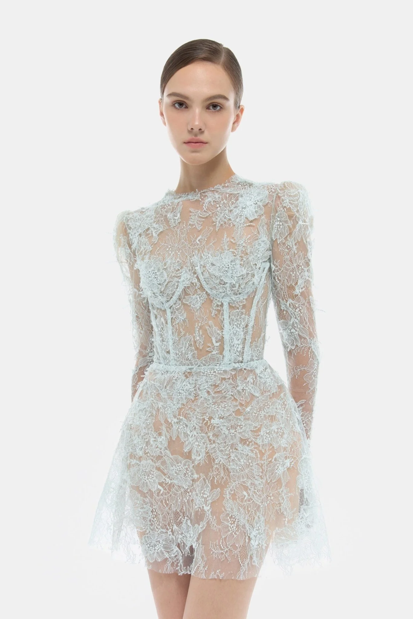 Baby Blue Beaded Lace Mini Dress - Image 2